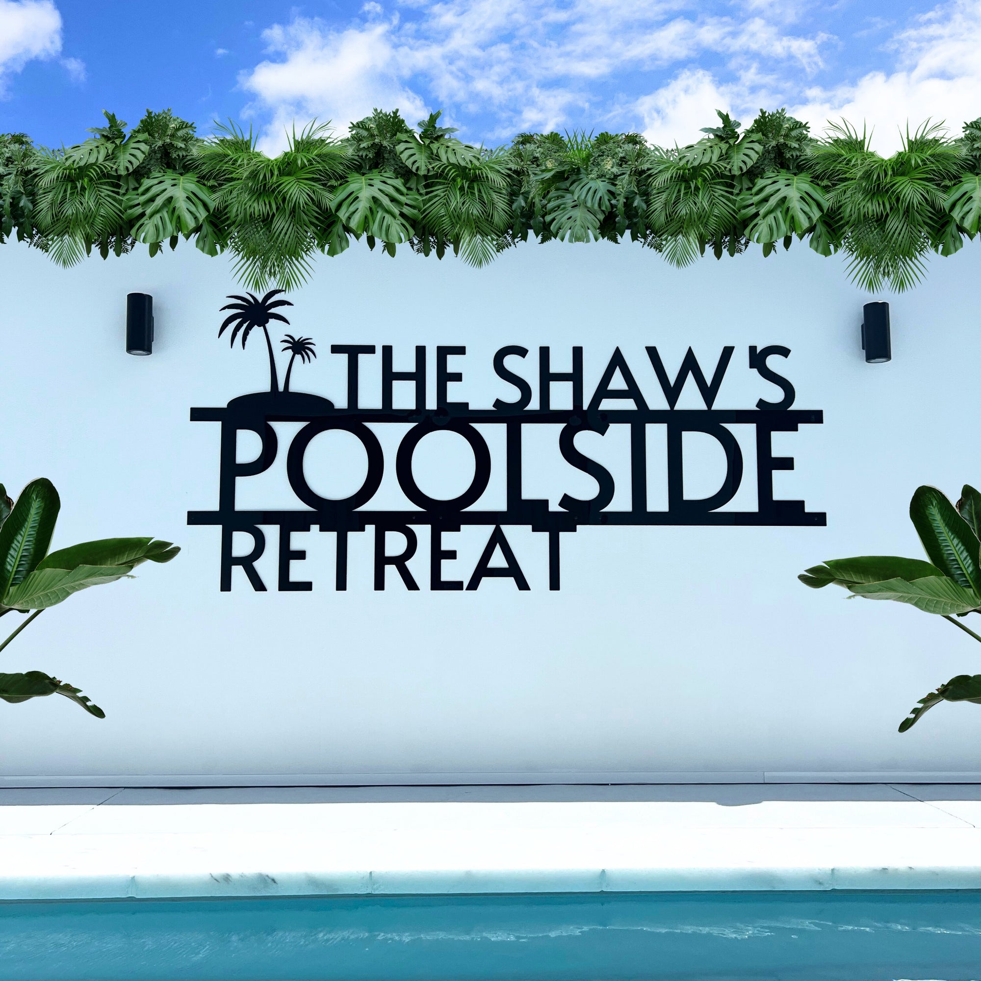 Custom Made Tropical Palm Oasis Retreat Poolside Sign, Personalised Name Acrylic Pool Bar Backyard/ Patio/ Deck Wall Art, Housewarming Gift