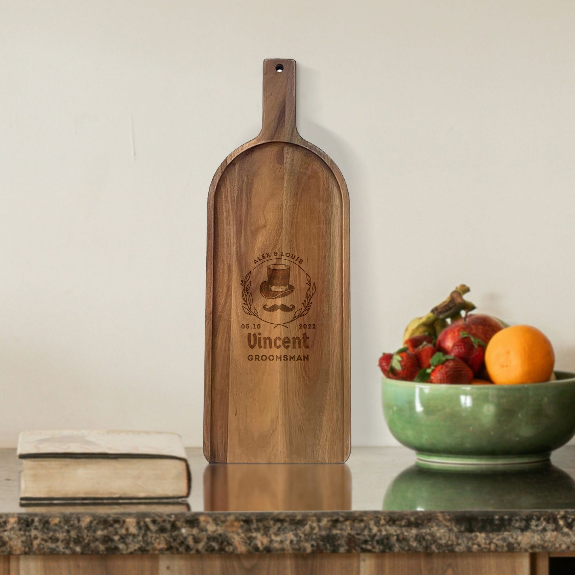 Personalised Acacia Cheese Paddle Serving Board, Custom Engraved Charcuterie Wooden Handle Platter, Cutting Chopping Tray, Housewarming Gift