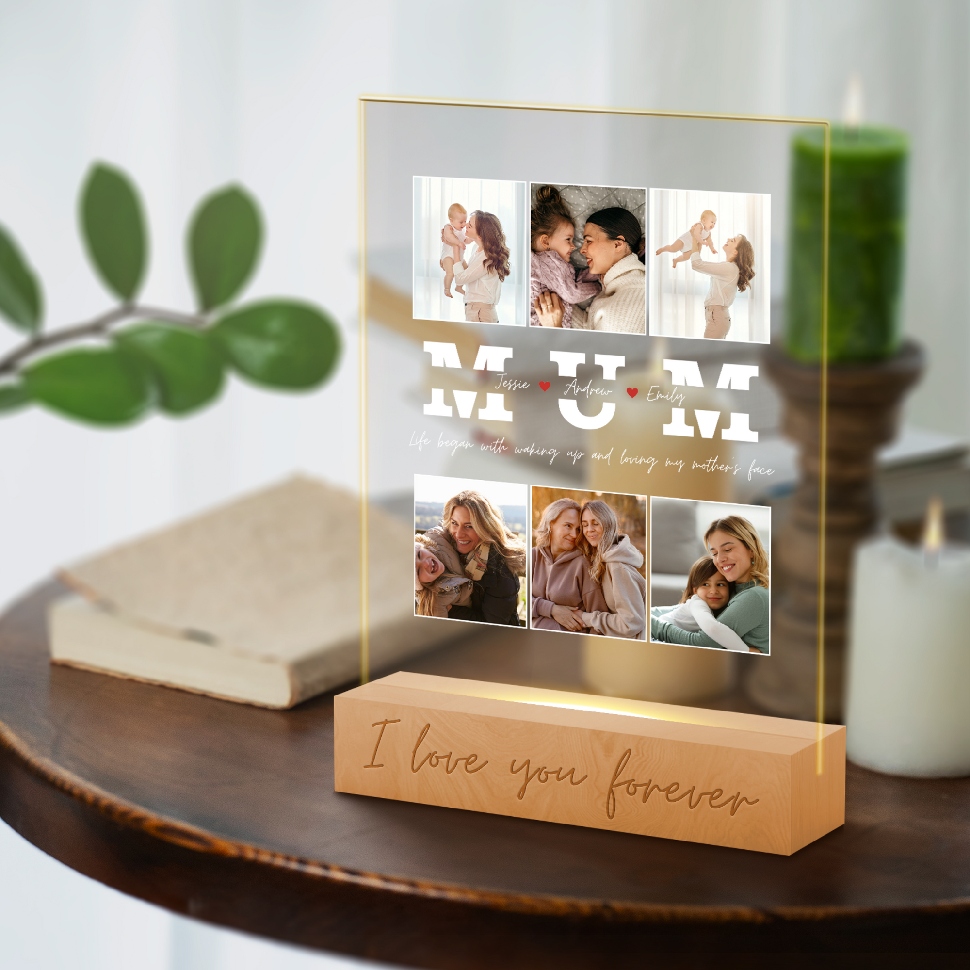 Custom 3D Collage Mum Photos Names LED Night Light, Personalised UV Printed Acrylic Wooden Table Lamp Sign Room Decor, Mom Mother's Day Gift