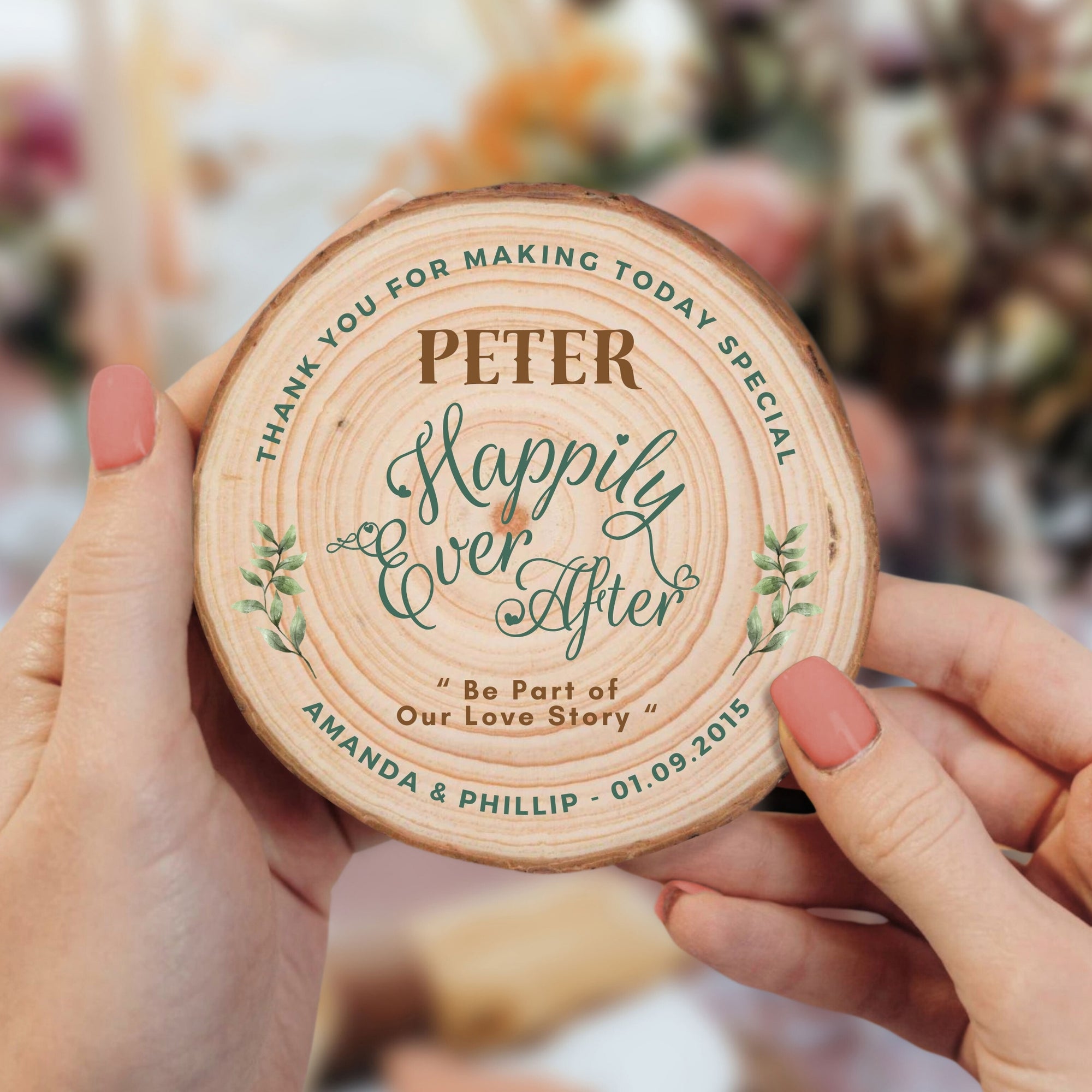 Custom UV Print Photo Wedding Wood Slice Coaster, Personalised Logo Thank You Place Card, Rustic Drink Mat Bridesmaid Favour Hens Party Gift