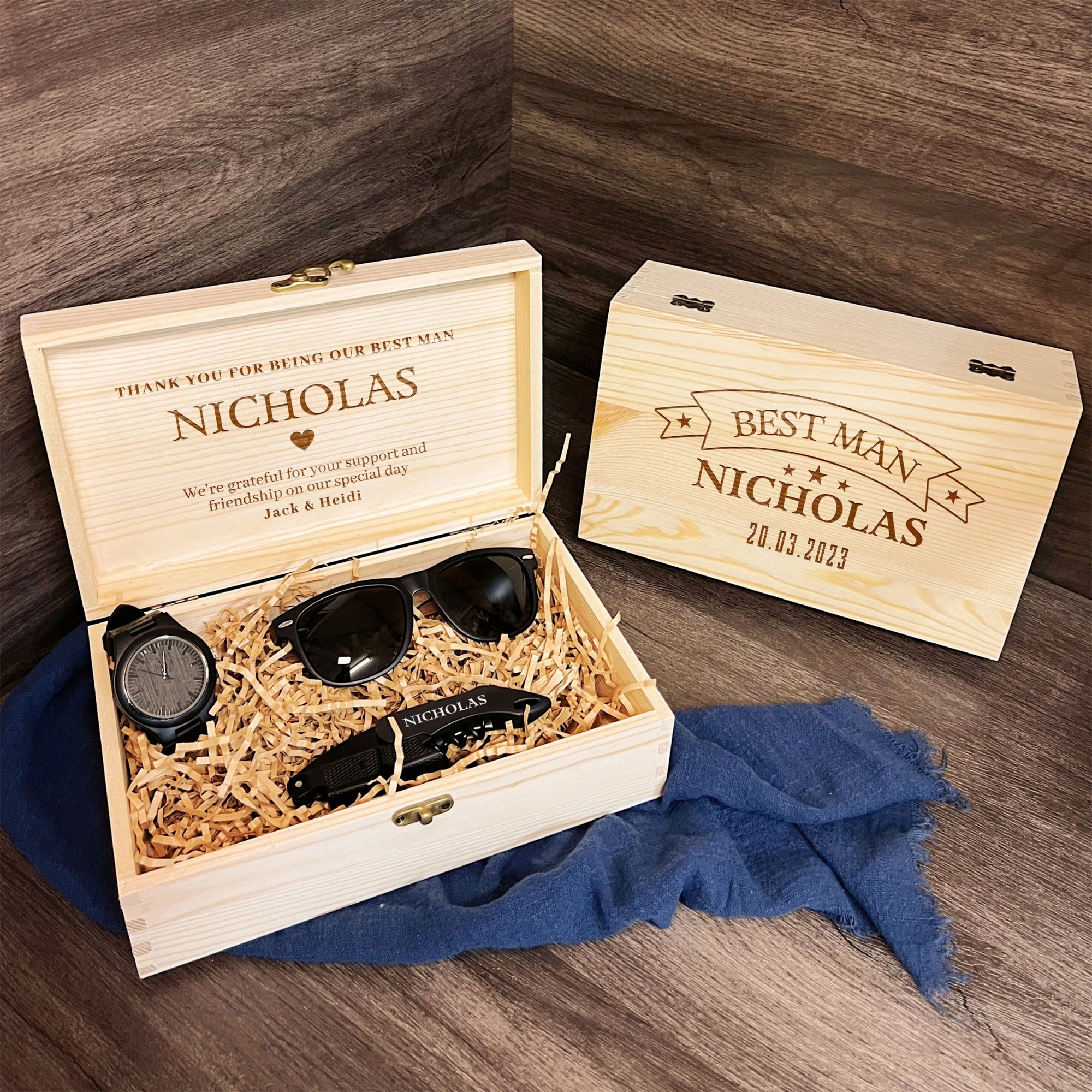 Personalised Sunglasses, Watch, Black Corkscrew Set & Custom Engraved Wooden Box, Father Best Man Groomsman Proposal Wedding, Corporate Gift