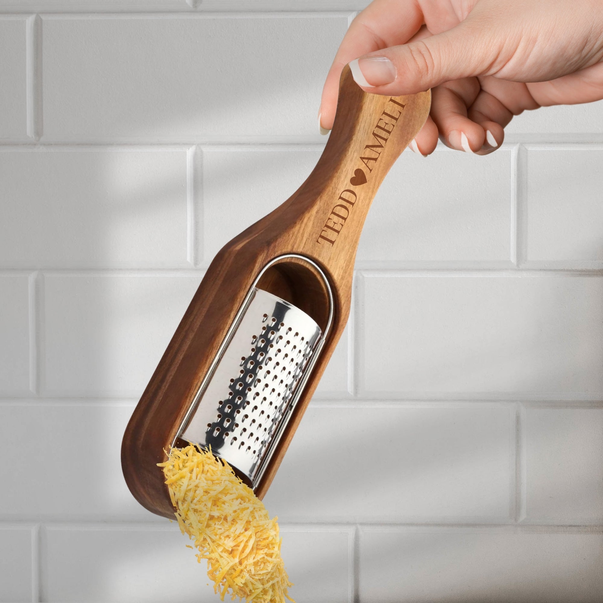 Personalised Wooden Stainless Cheese Grater & Holder, Custom Engraved Shredder Box, Cheese Spoon Zester, Kitchen Utensils, Housewarming Gift