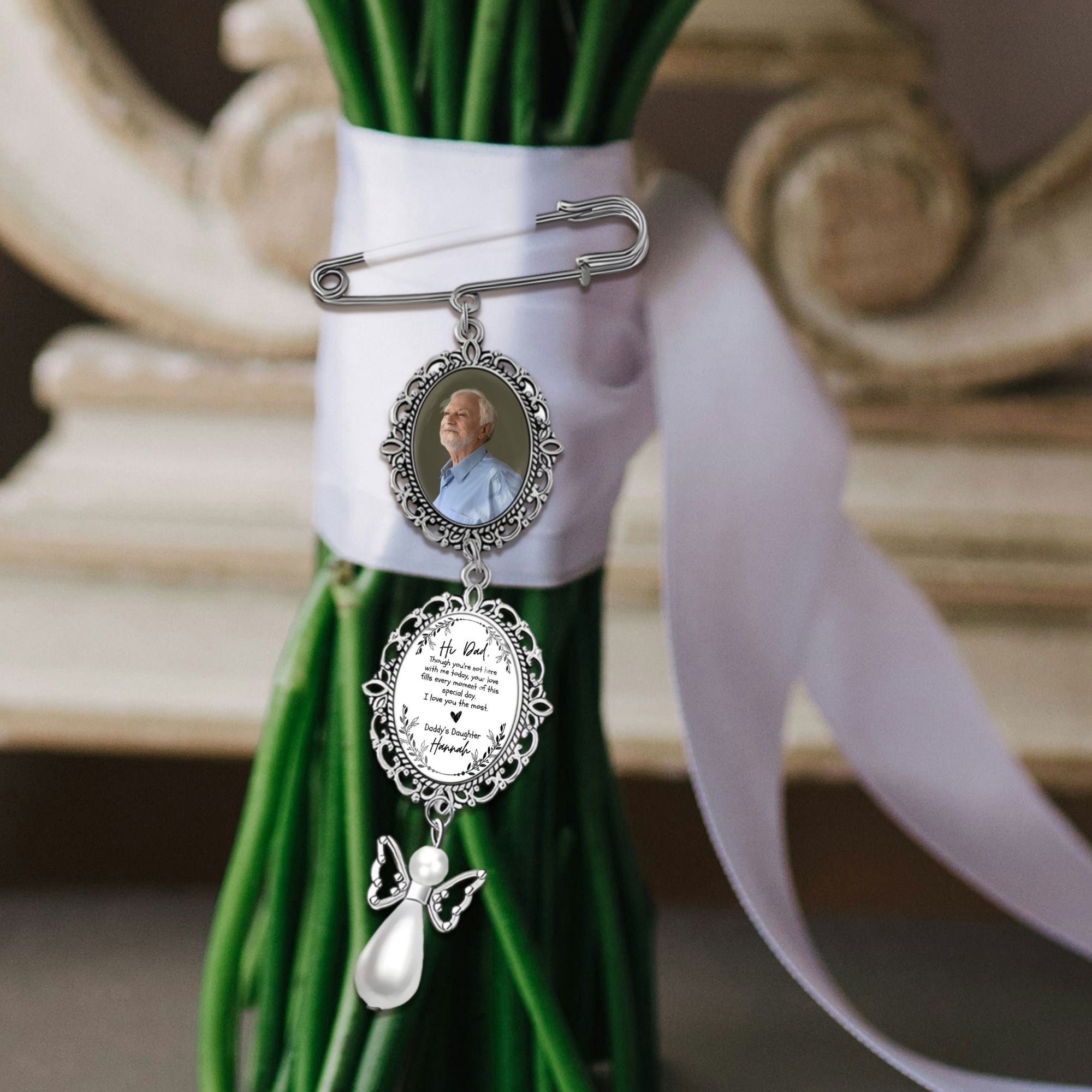 Personalised Photo & Message Memorial Bridal Bouquet Pin Charm, Custom Print Picture In Loving Memory Quotes Brooch Wedding Remembrance Gift