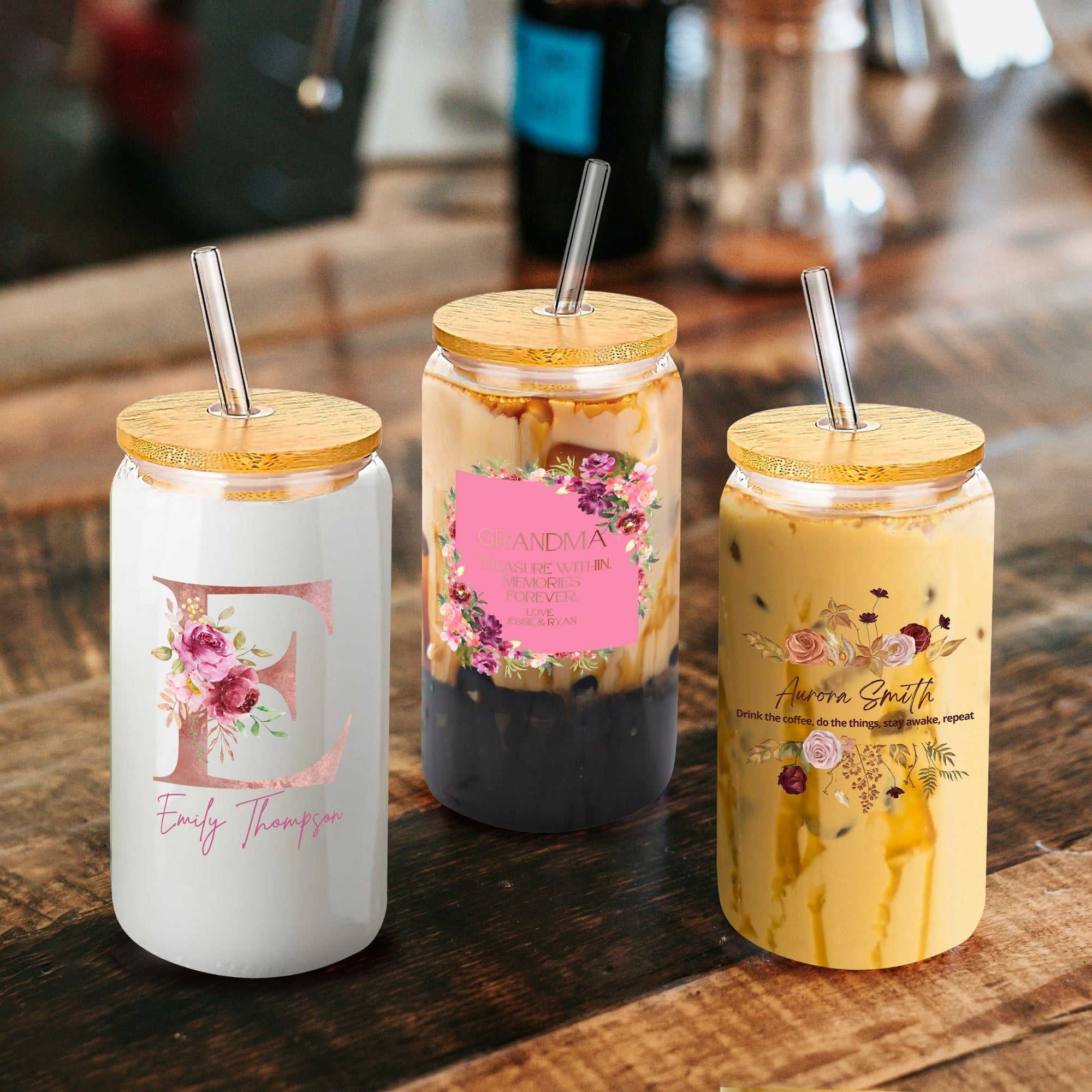 Personalised 470ml Can Glass Set with Lid Straw, Customised Beverage Tumbler, Smoothie, Coffee Cup, Wedding Favours, Bridesmaid, Mother Gift