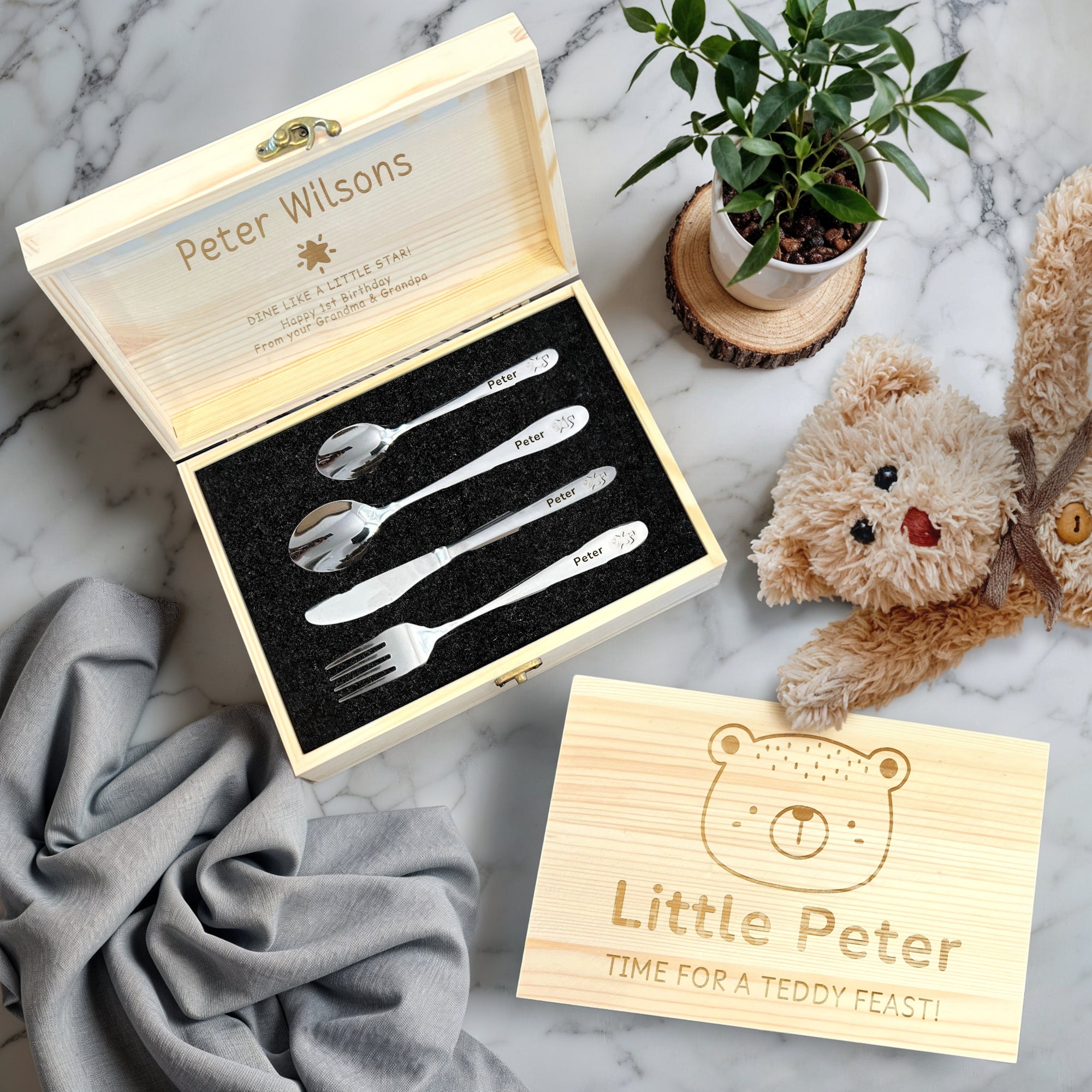Personalised Kid's Cutlery 4 Piece & Wooden Gifted Box Set, Custom Engraved Children Name Utensils, First Birthday, Christening Baptism Gift
