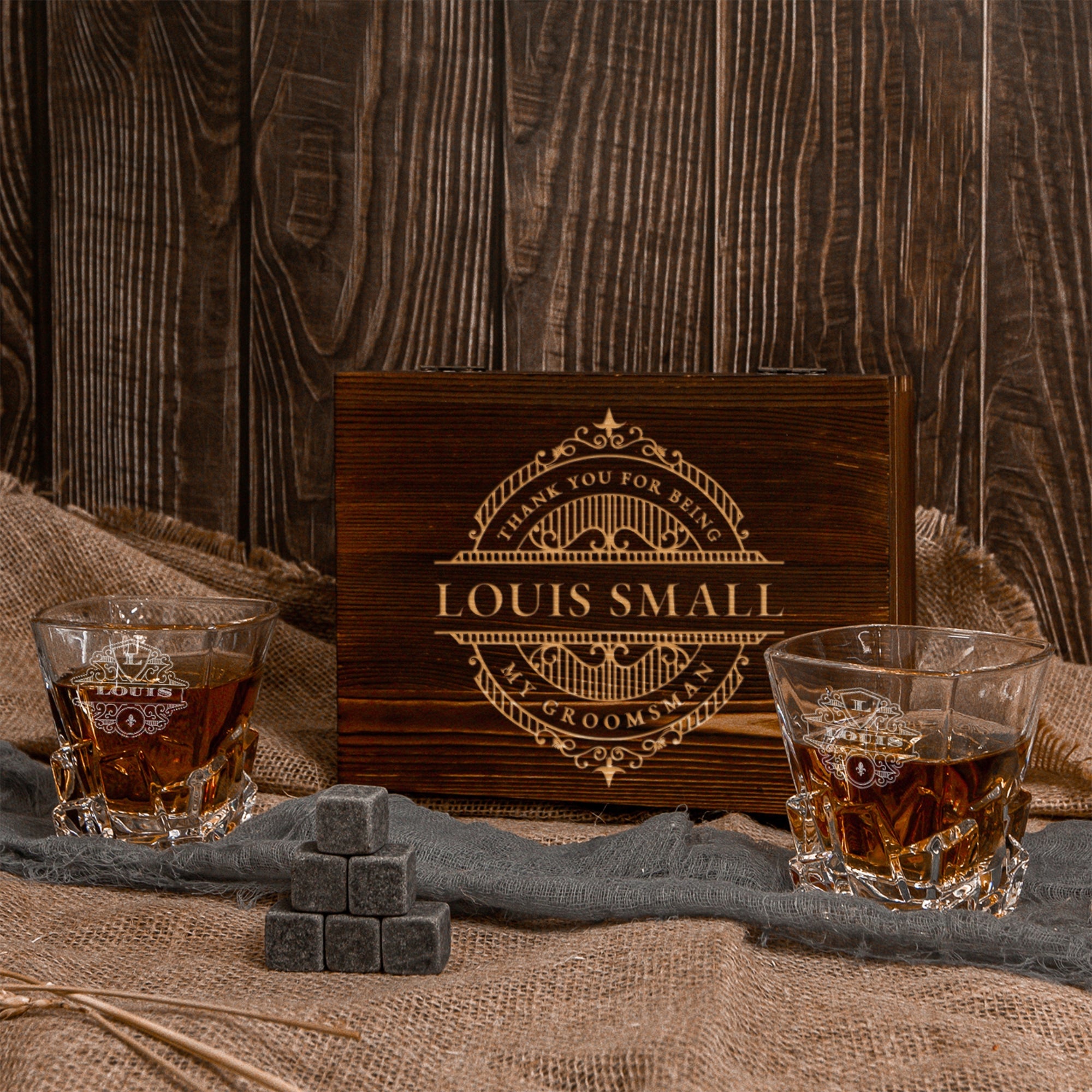 Custom Engraved Whiskey Wooden Box - 2 Square Cut Scotch Glasses & 6 Rock Ice Stones, Personalised Barware Set Graduate Anniversary Dad Gift