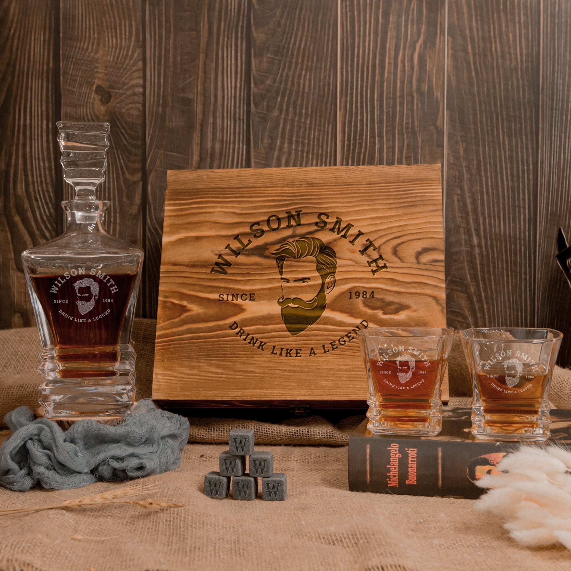 Engraved Whiskey Wooden Box - Prism Decanter, 2 Scotch Glasses & 6 Ice Stones, Personalised Barware Set Groomsman Housewarming Dad Xmas Gift