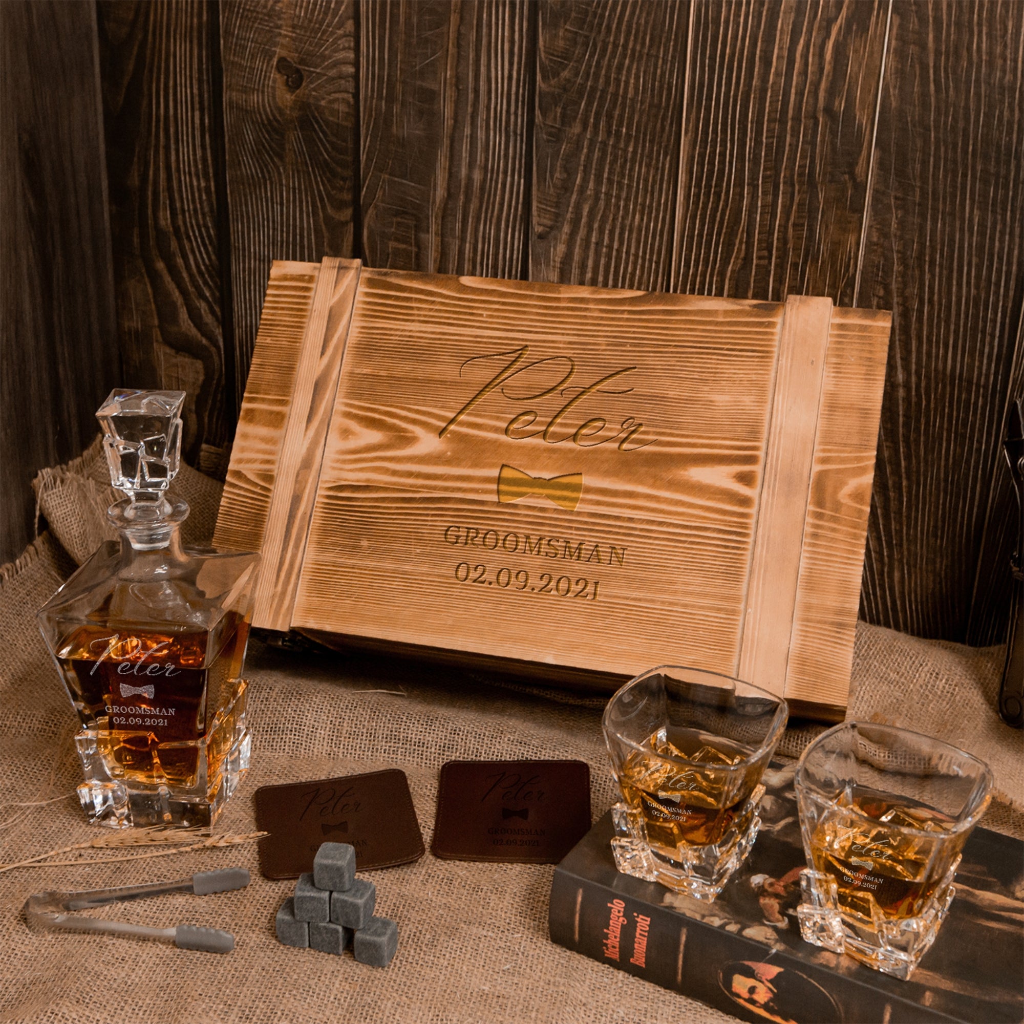 Personalised Army Wood Crate Whiskey Box, Whisky Decanter, 2 Glasses, 6 Ice Stones, 2 Coasters, Tongs, Etched Barware Groomsman Dad Gift Set