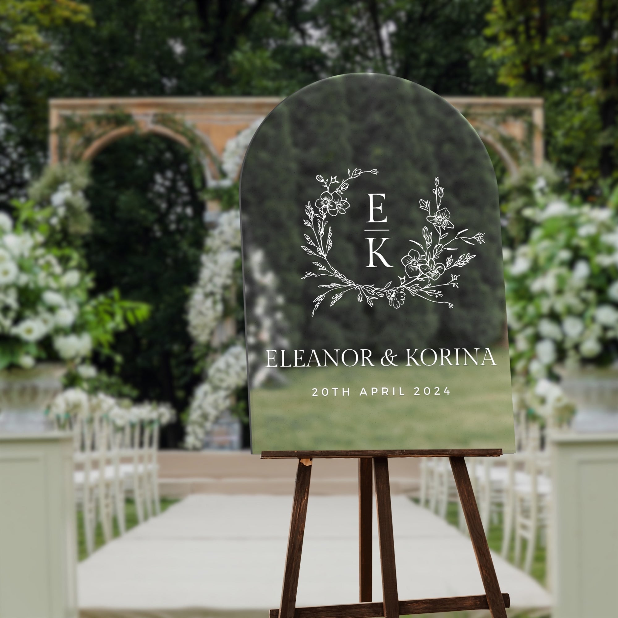Personalised Acrylic Floral Wreath Arch Wedding Signage, Custom UV Print Monogram & Names Mirror Welcome Sign, Engagement/ Anniversary Decor