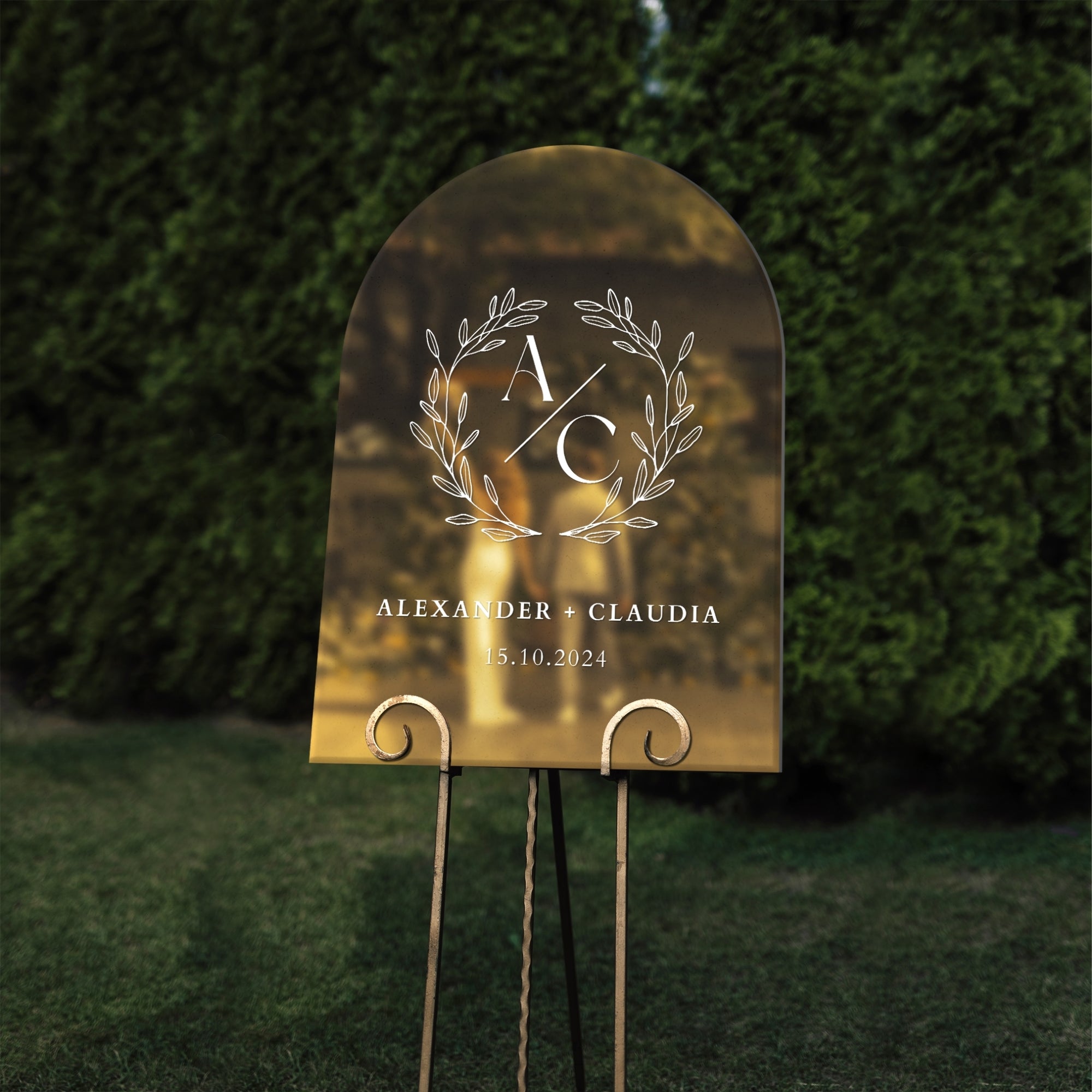 Personalised Acrylic Floral Wreath Arch Wedding Signage, Custom UV Print Monogram & Names Mirror Welcome Sign, Engagement/ Anniversary Decor