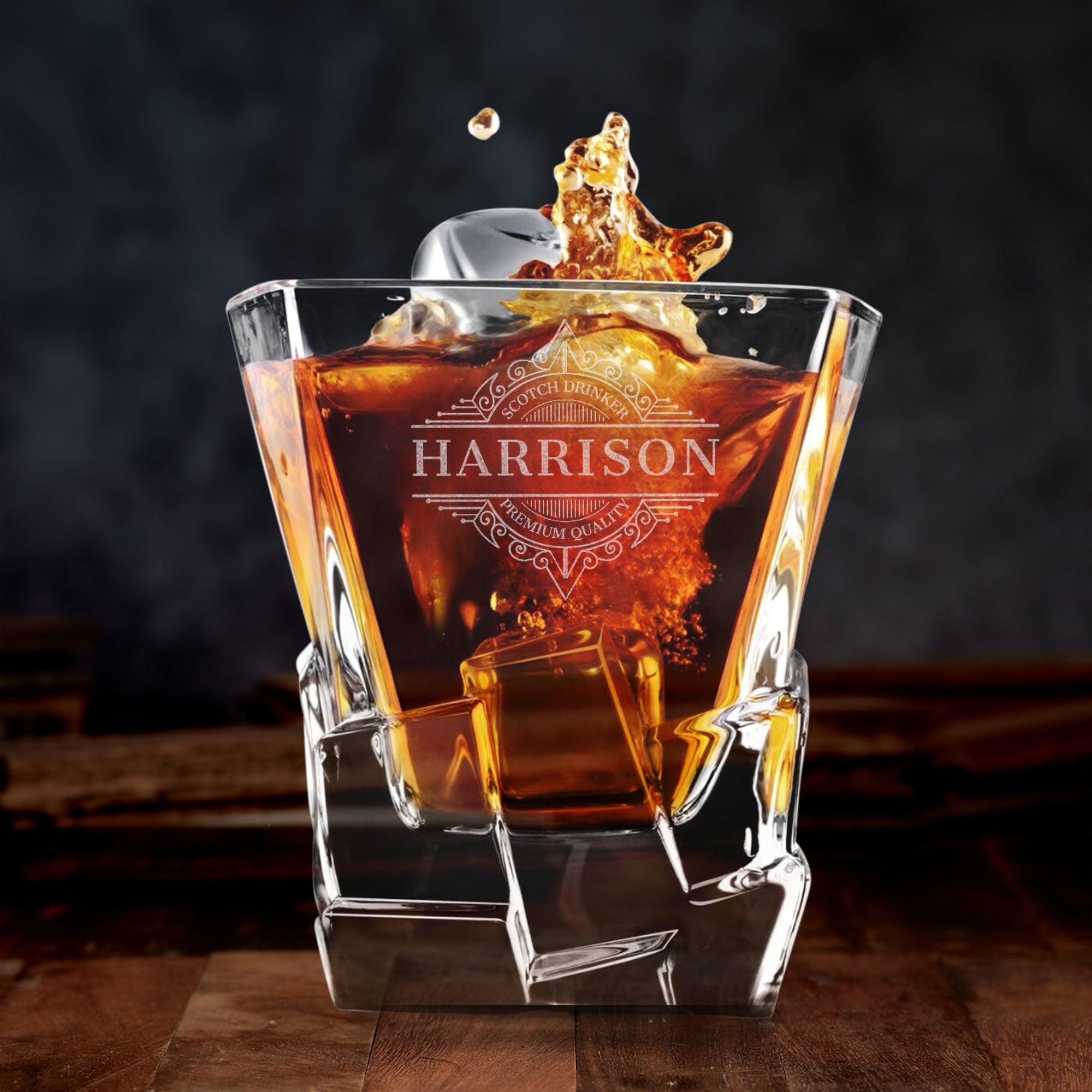 Custom Engraved Whiskey Wooden Box - 2 Square Cut Scotch Glasses & 6 Rock Ice Stones, Personalised Barware Set Graduate Anniversary Dad Gift