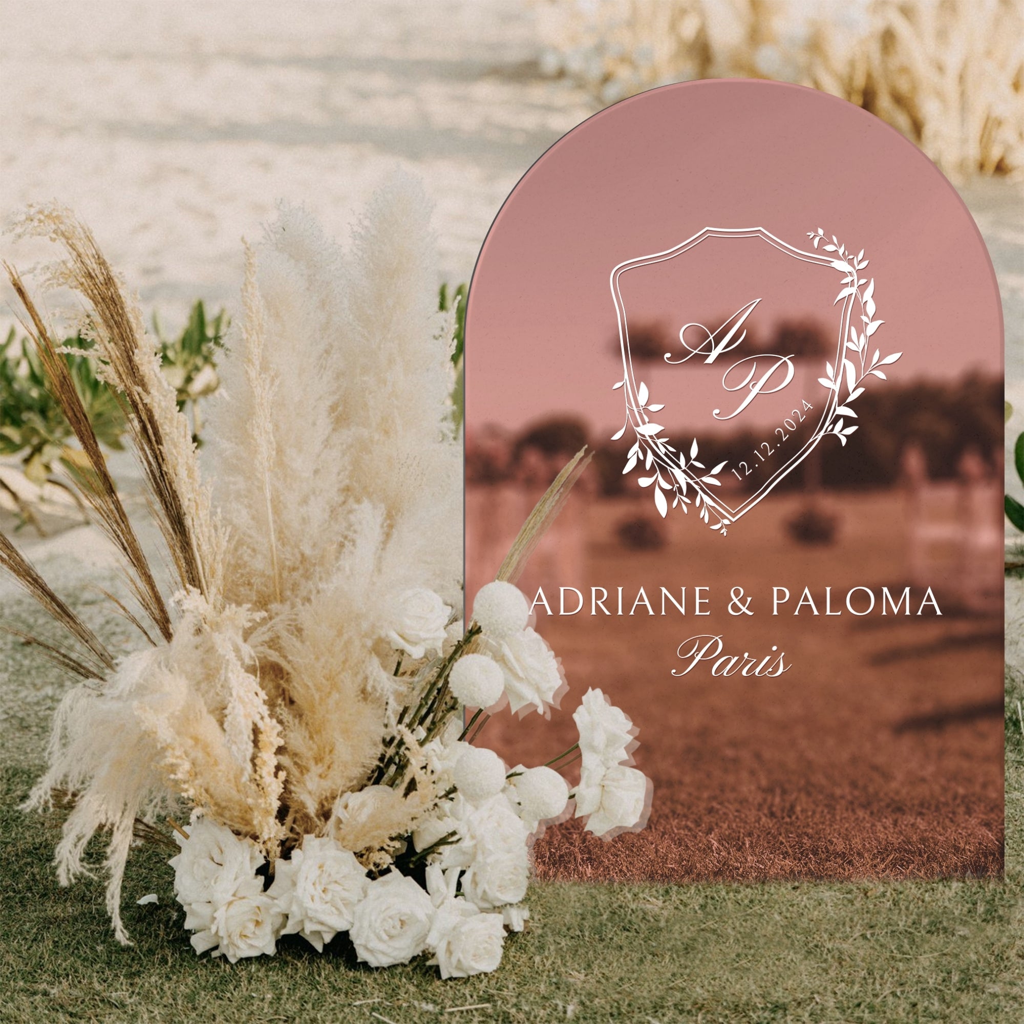 Personalised Acrylic Floral Wreath Arch Wedding Signage, Custom UV Print Monogram & Names Mirror Welcome Sign, Engagement/ Anniversary Decor