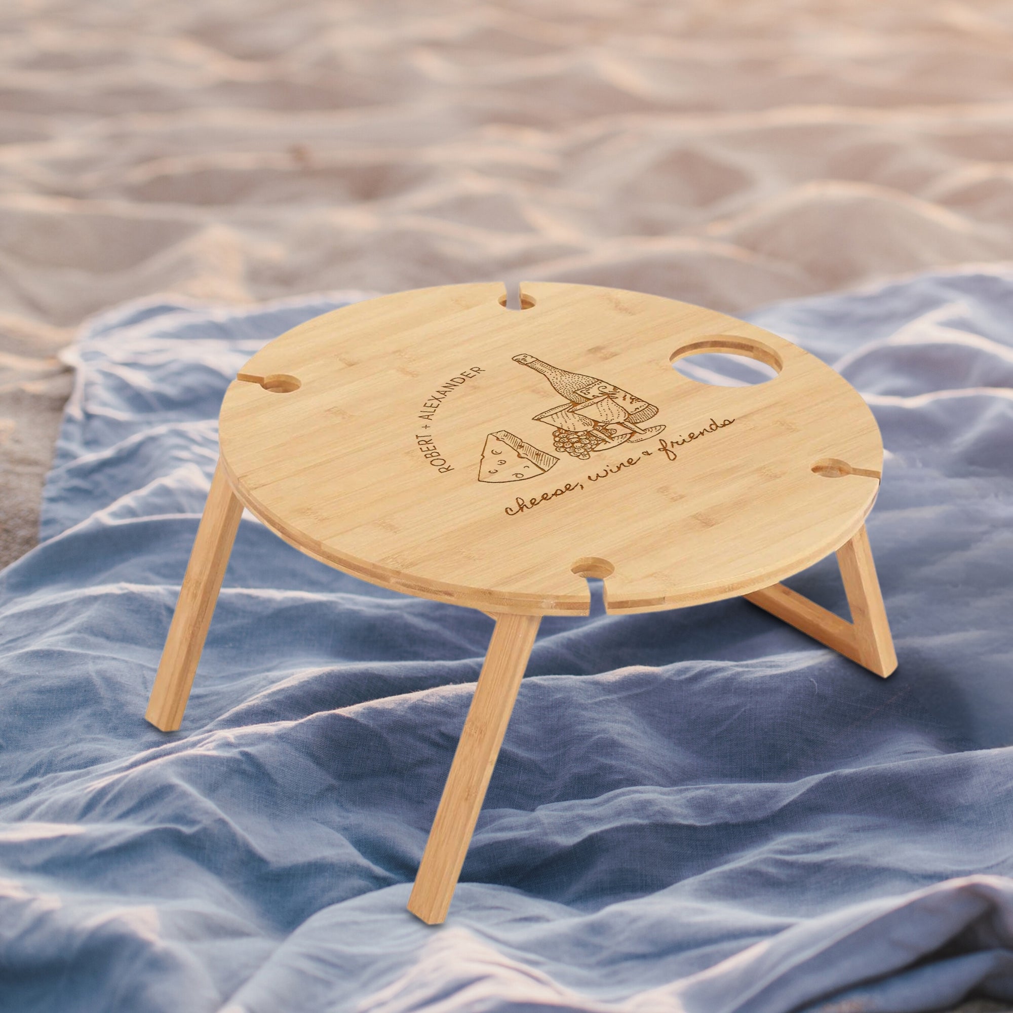 Personalised Bamboo 4 People Picnic Round Table & Crystal Wine Glasses, Engraved Cheese Tray Platter, Camping, Anniversary Housewarming Gift