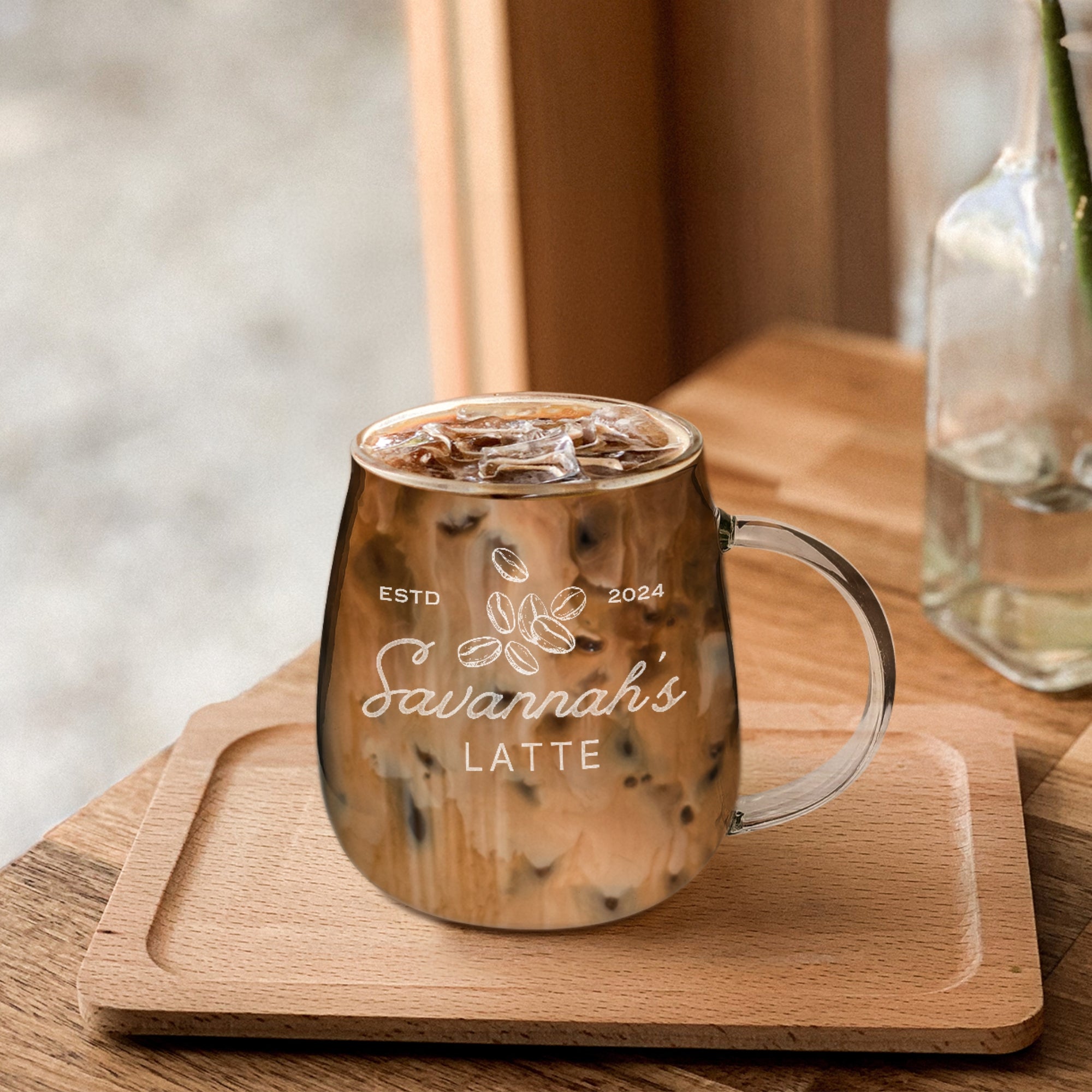 Personalised Handle Glass 320ml Coffee Mug , Custom Engraved Tea Cup, Wedding Favour, Mother Birthday, Father's Day Christmas Corporate Gift