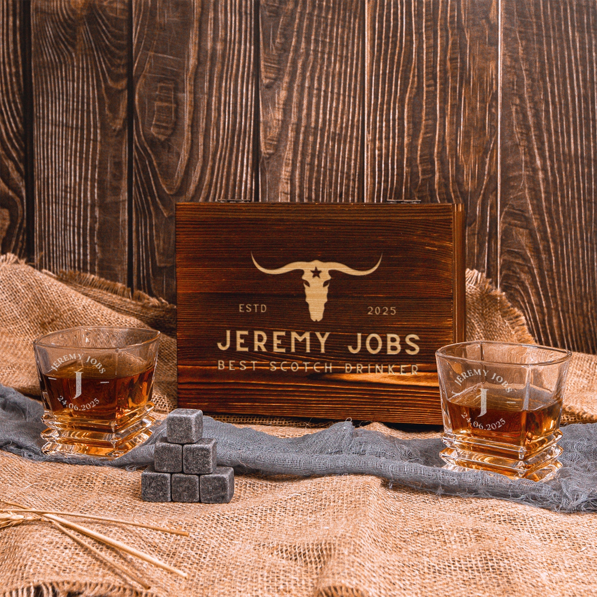 Custom Engraved Whiskey Wooden Box - 2 Prism Scotch Glasses & 6 Rock Ice Stones, Personalised Logo Barware Set Retirement Groomsman Dad Gift