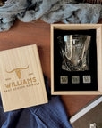 Personalised Wooden Whiskey Gift Box, 280ml Twisted Whiskey Glass, Ice Stones, Coaster, Custom Engraved Wedding Barware, Dad, Corporate Gift