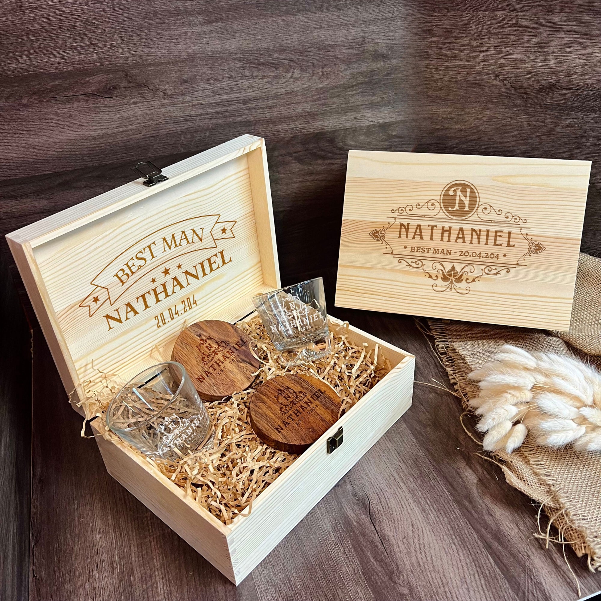 Personalised Mountain Whiskey Glasses & Acacia Coasters Pair Set in Custom Engraved Wooden Box, Dad Best Man Groomsman Proposal Wedding Gift