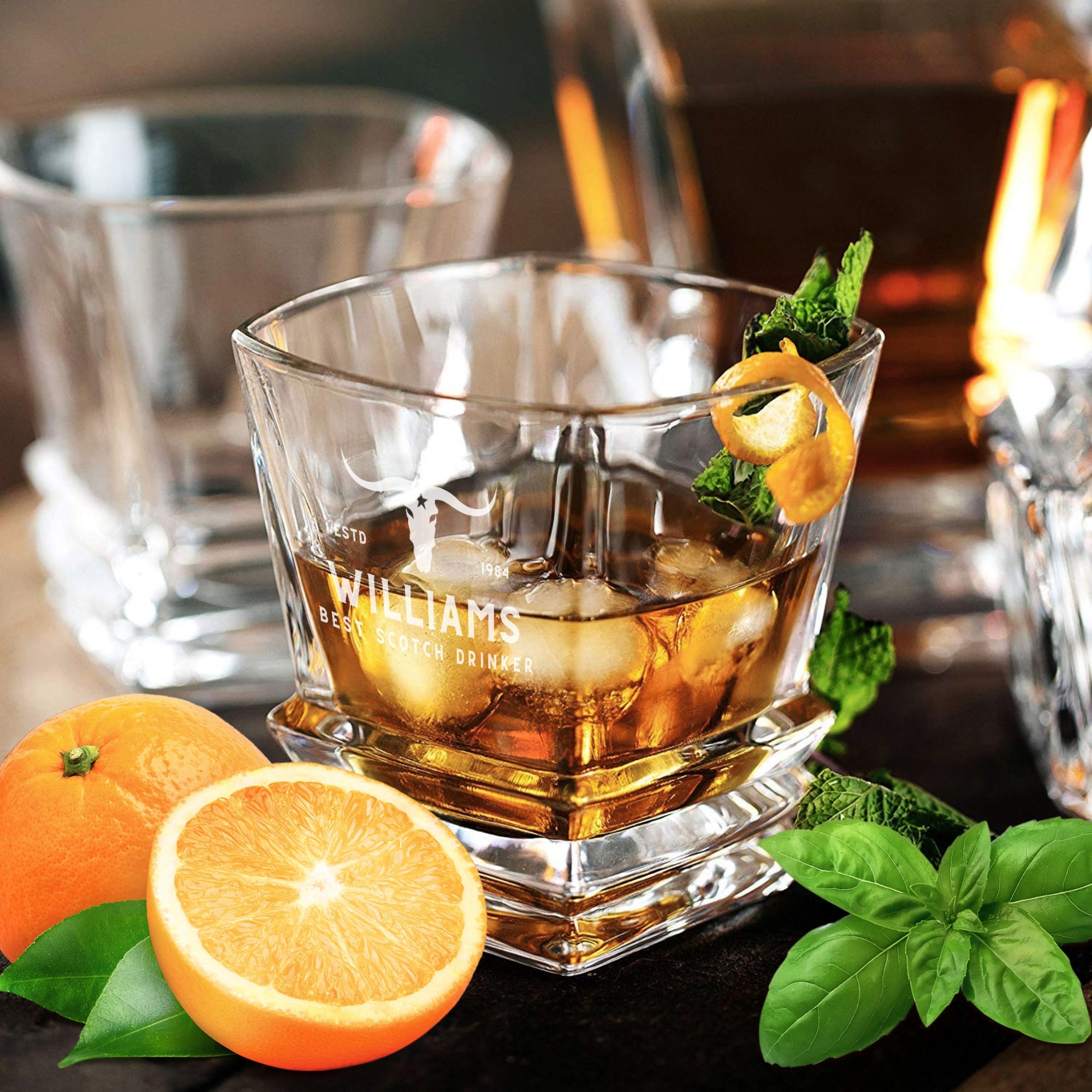 Custom Engraved Whiskey Wooden Box - 2 Prism Scotch Glasses & 6 Rock Ice Stones, Personalised Logo Barware Set Retirement Groomsman Dad Gift