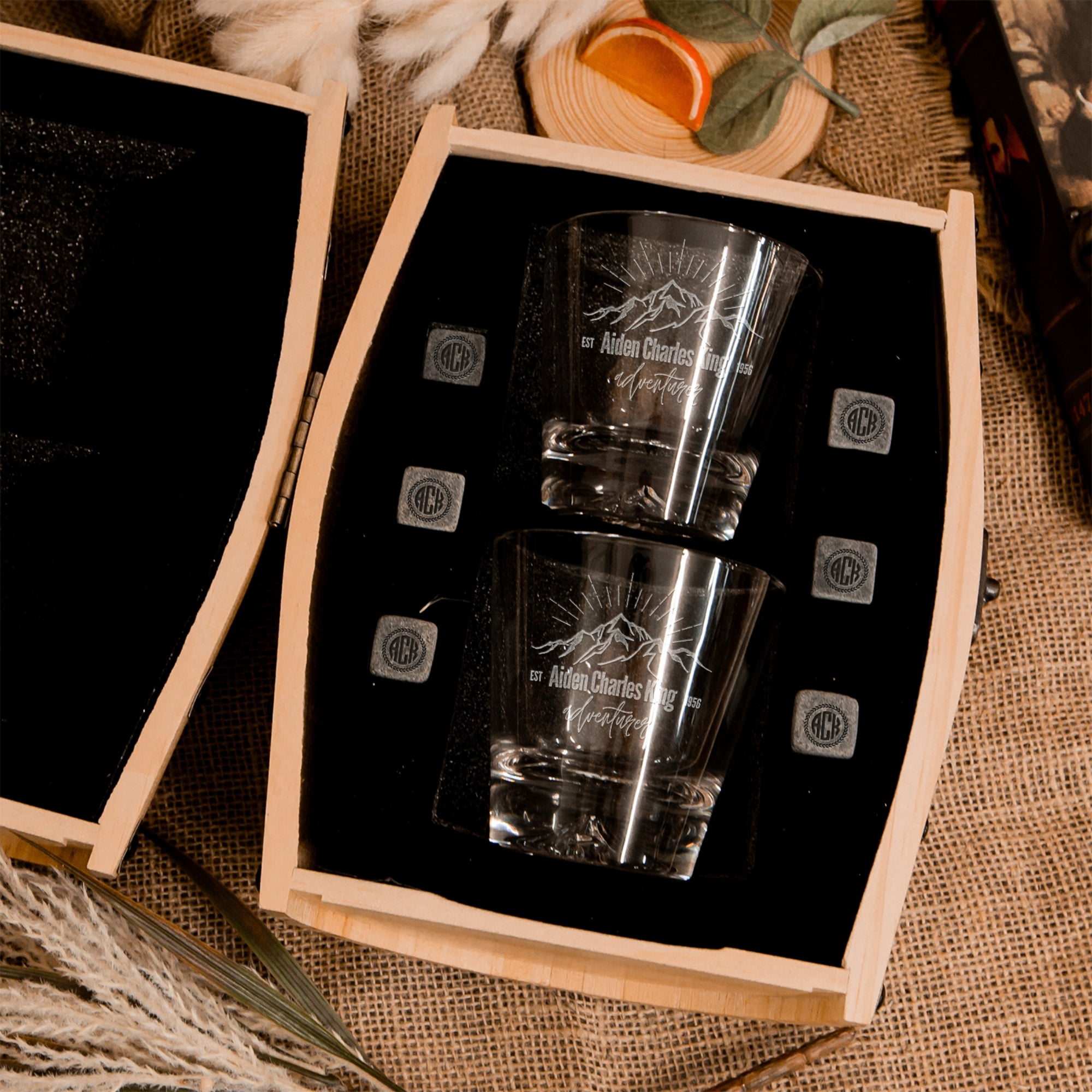 Personalised Wooden Barrel Whiskey Box, 2 Rock Mountain Glasses, 6 Ice Stones | Custom Engraved Logo Barware Set, Dad Groomsman Wedding Gift
