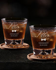 Personalised Mountain Whiskey Glasses & Acacia Coasters Pair Set in Custom Engraved Wooden Box, Dad Best Man Groomsman Proposal Wedding Gift