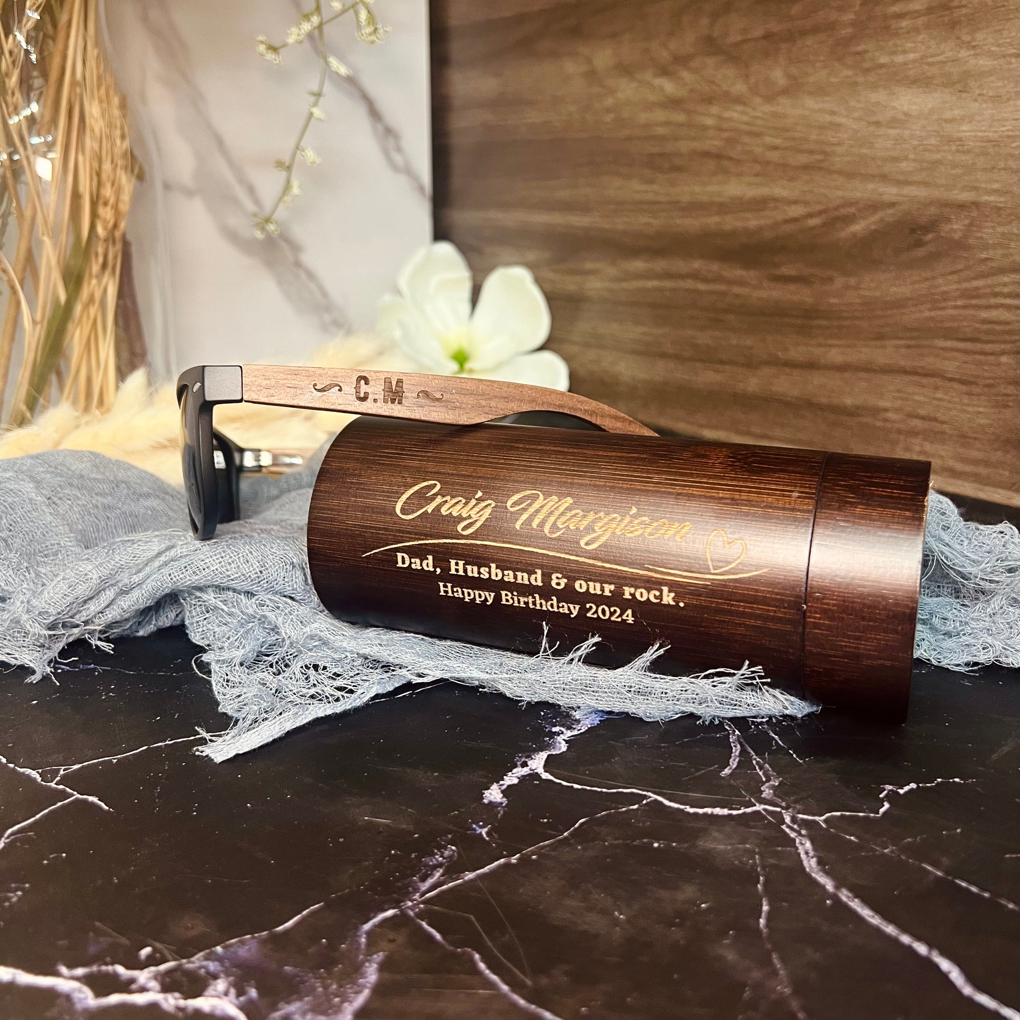 Personalised Wooden Polarised Sunglasses & Walnut Cylinder Box, Custom Engraved Logo Eyeware Glasses Case, Groomsman Dad Gift Wedding Favour