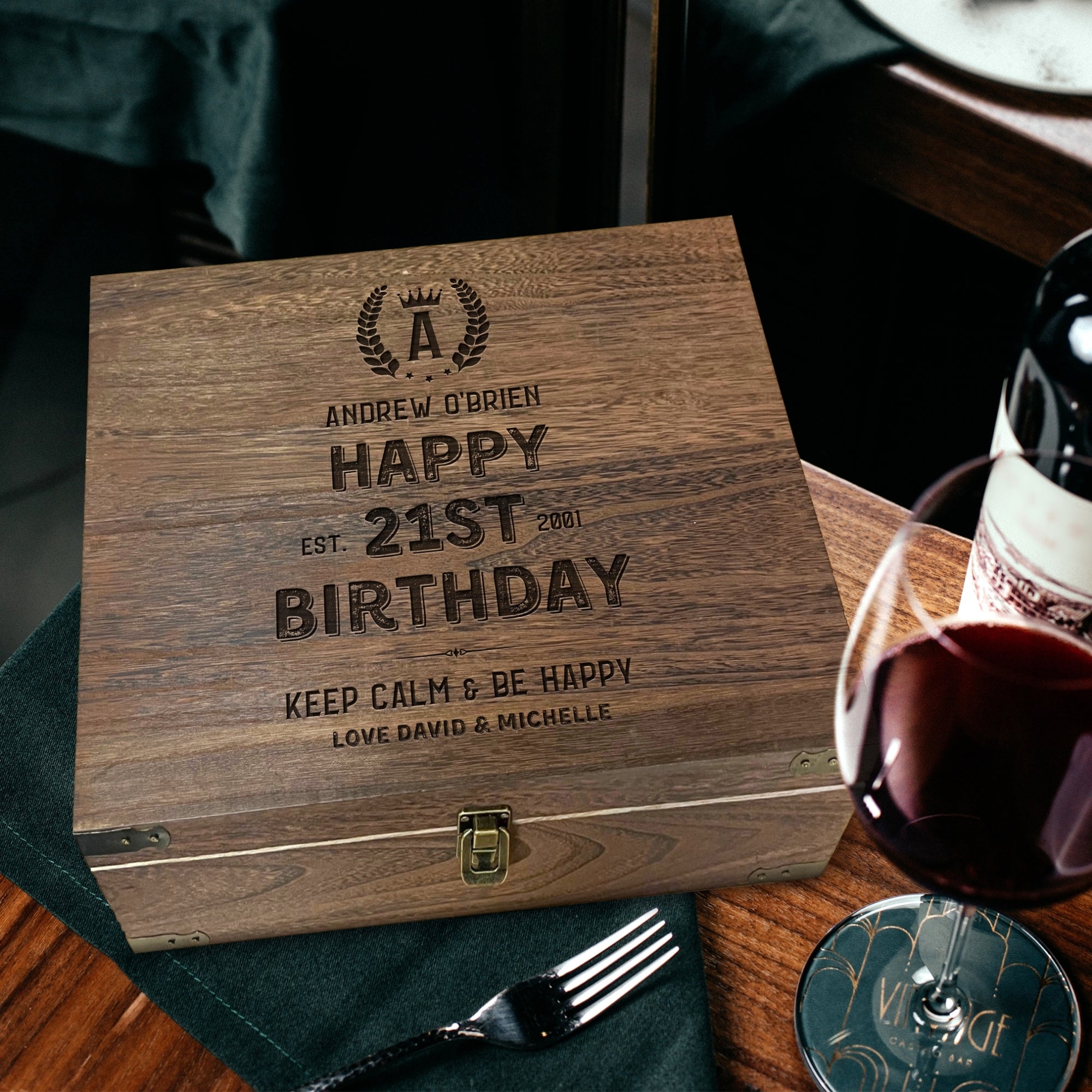 Custom Engraved Vintage Wooden Keepsake/ Triple Wine Box, Personalised Wedding Favours, Birthday, Corporate Storage Jewellery Gift Storage