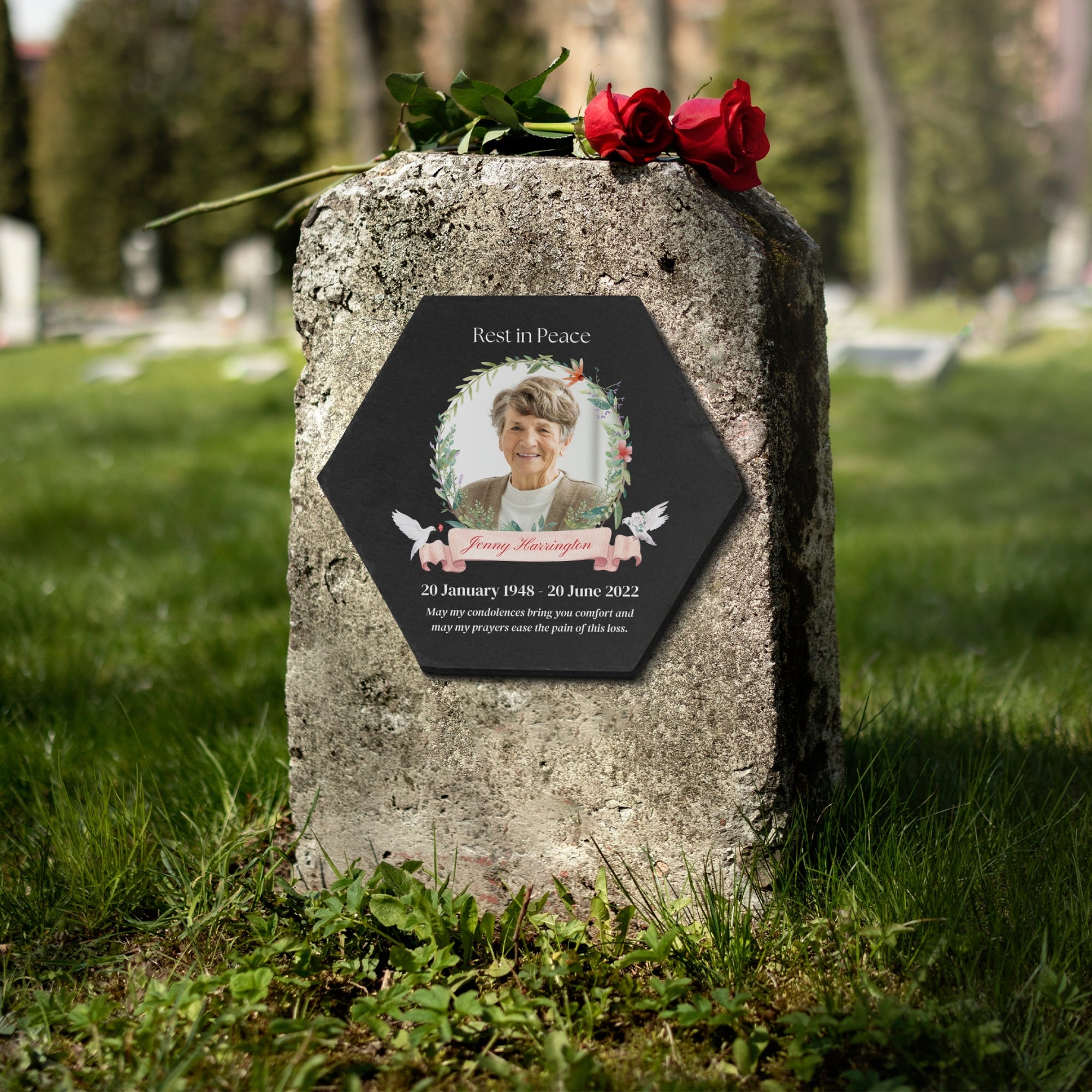 Personalised Photo Memorial Hexagon Slate Sign, Custom Print In Loving Memory Garden Stone, Funeral Cemetery Display Plaque, Loss Pray Gift