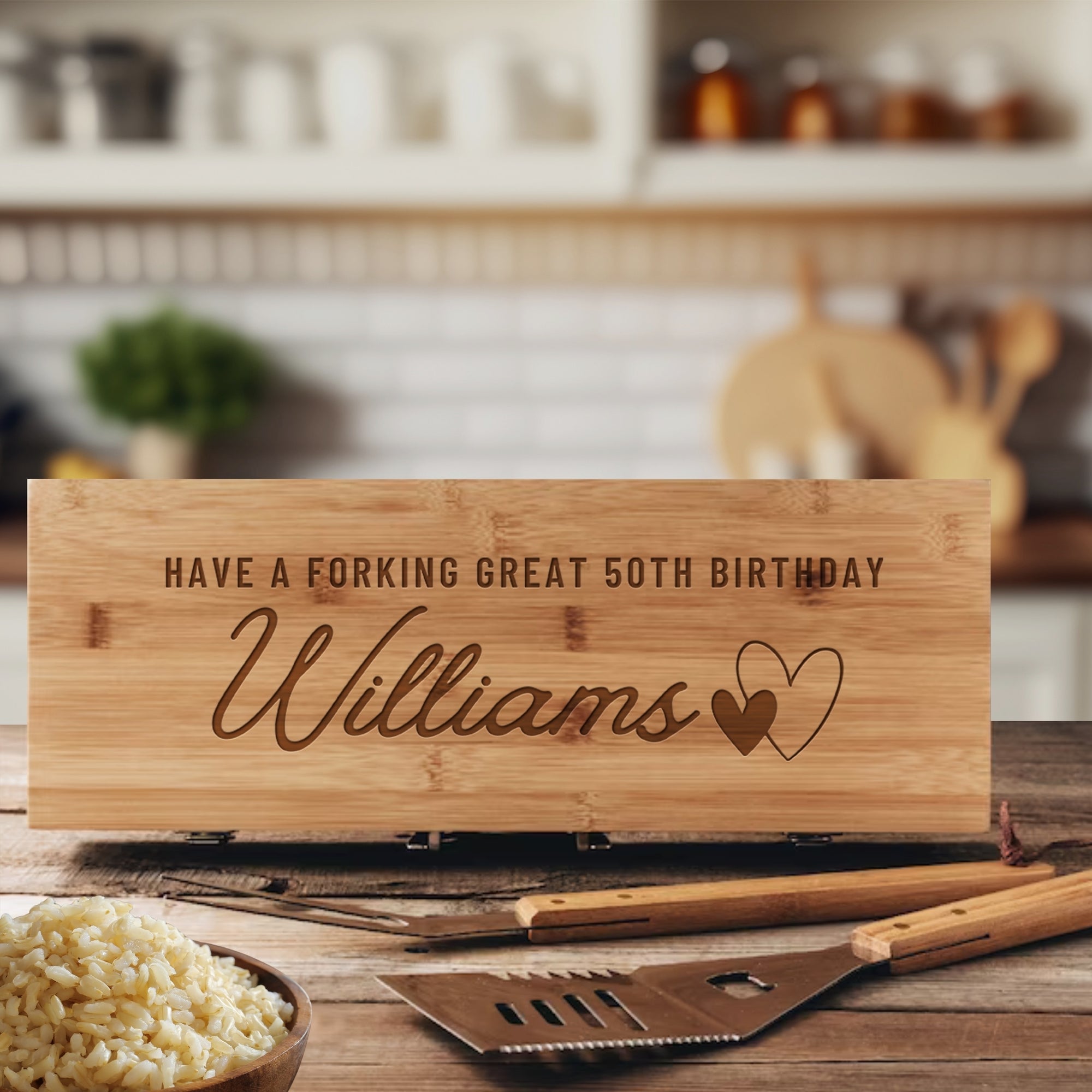 Personalised Bamboo BBQ Tools & Box Set, Custom Engraved Barbecue Utensils Case, Grill Master, Groomsman, Dad, Housewarming, Corporate Gift