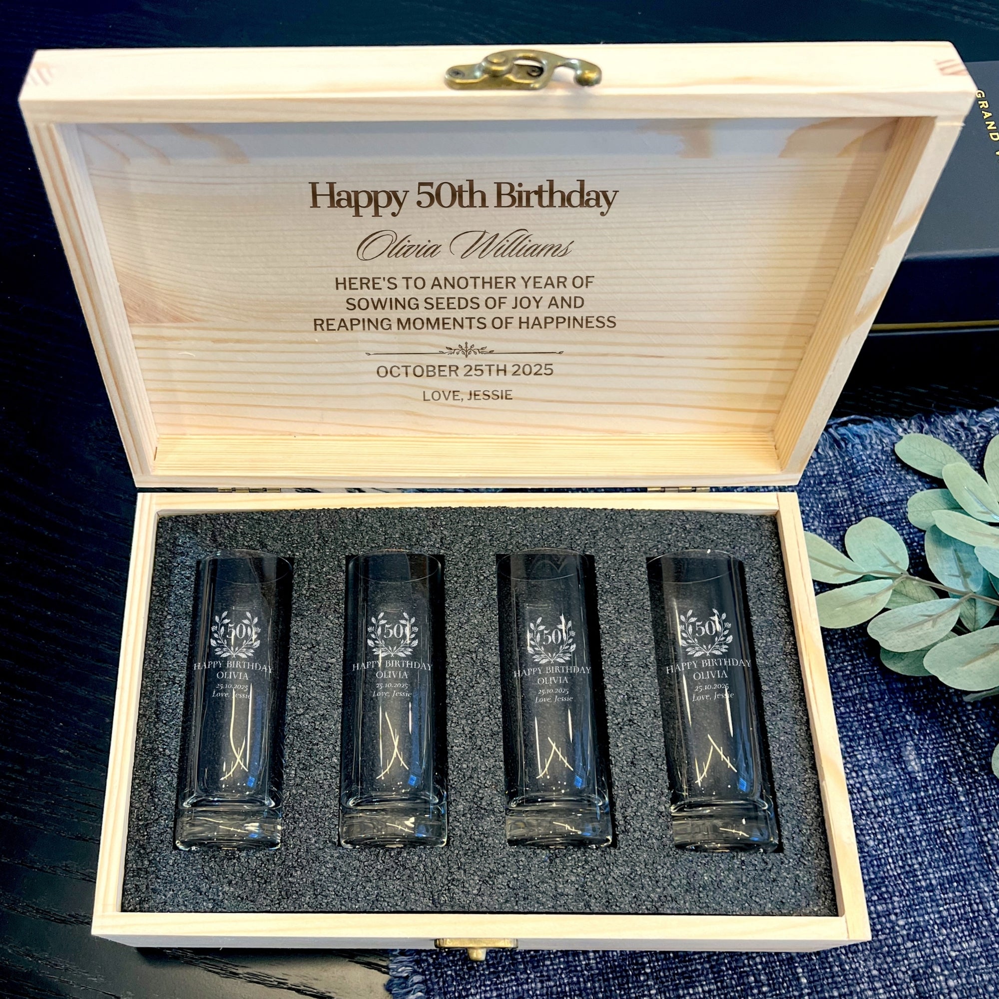 Personalised 4 Crystal Shot Glasses & Custom Engraved Wooden Box, Dad, Bridesmaid, Groomsman Proposal Wedding, Birthday, Xmas Corporate Gift