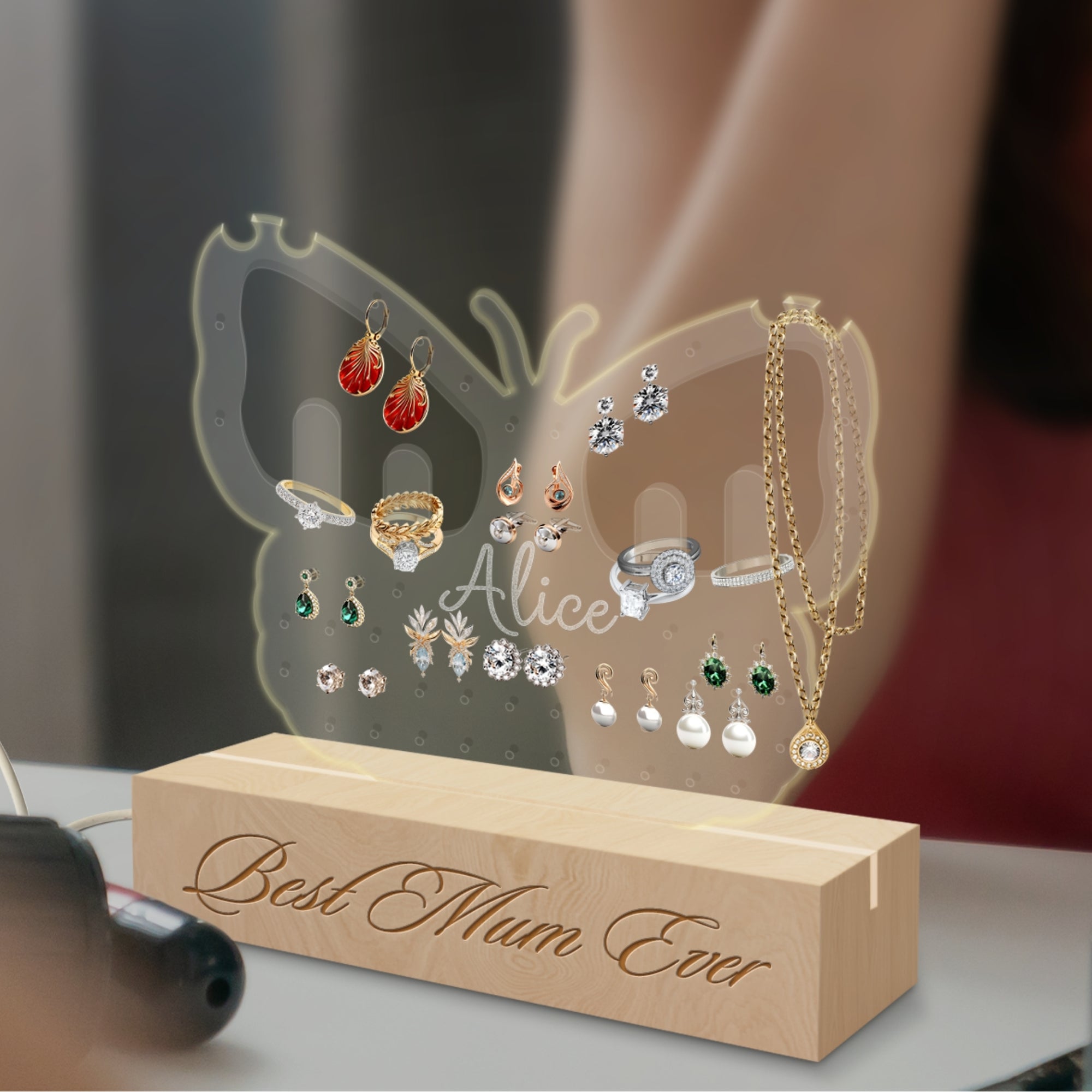 Personalised 3D Acrylic Jewellery Display LED Light Stand, Custom Engraved Earrings, Rings Holder Night Lamp, Kid Decor, Mom, Birthday Gift