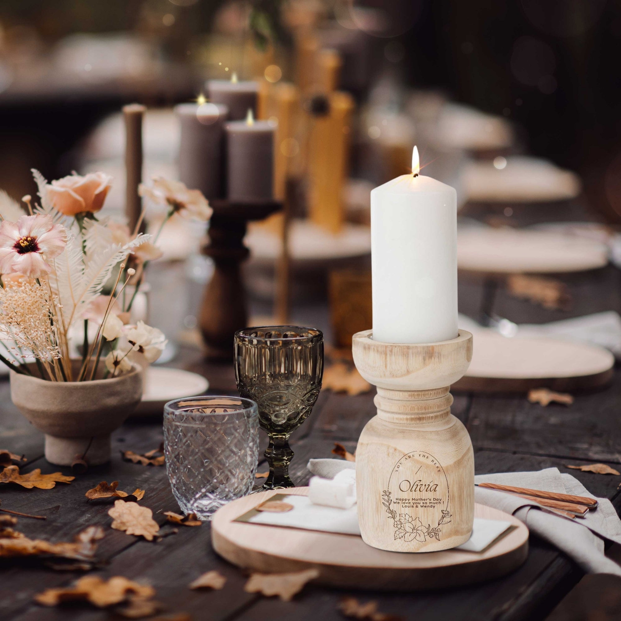 Personalised Wooden Candle Holder, Custom Engraved Logo Keepsake Wedding Favour, Teacher, Anniversary, Mother's Day, Housewarming Decor Gift