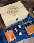Personalised Wood Corkscrew, Leather Tan Wallet, Hip Flask Set in Custom Engraved Wooden Box, Best Man, Dad, Groomsman Proposal Wedding Gift
