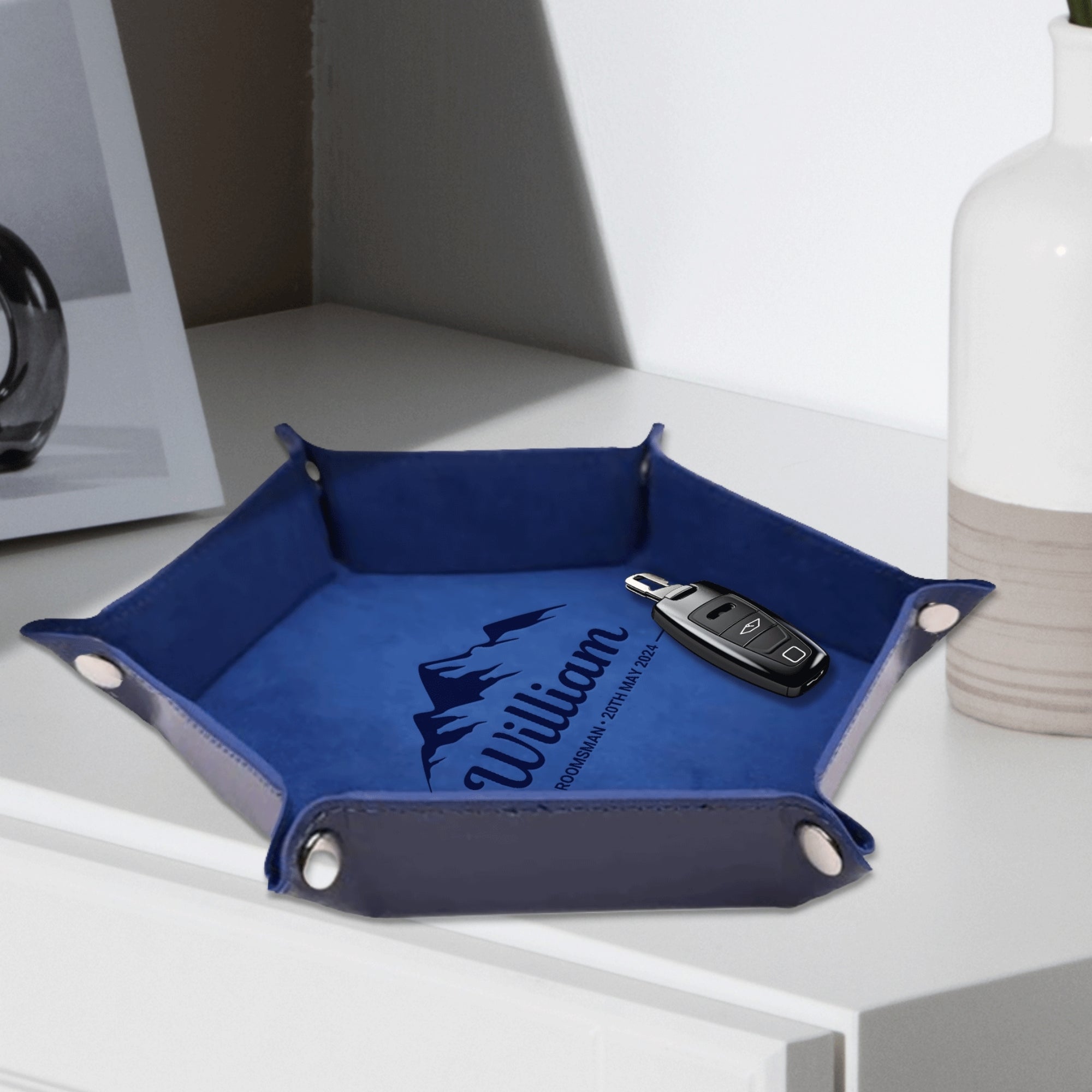 Personalised Hexagon Leatherette Foldable Valet Catchall Tray, Custom Engraved Nightstand Organiser, Jewellery Storage, Desk Caddy, Dad Gift