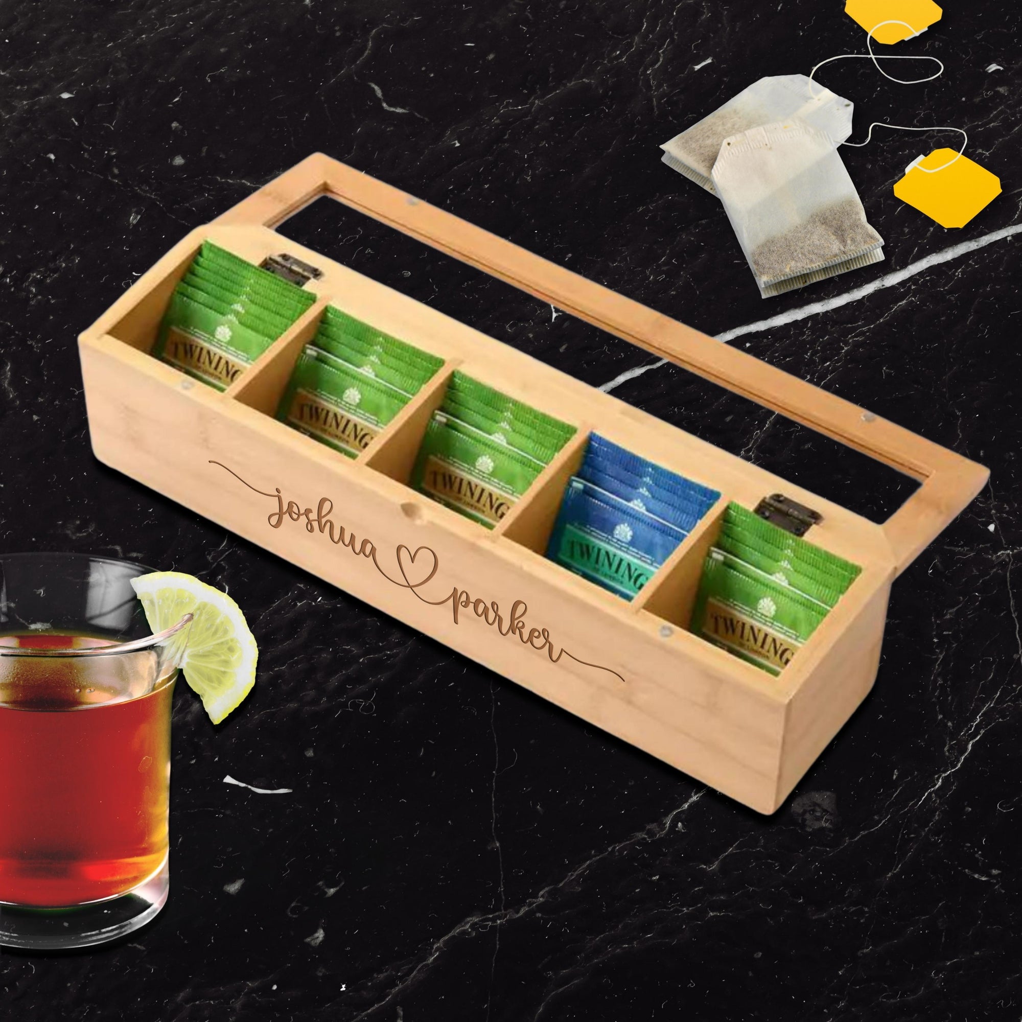 Personalised Bamboo 5 Slots Tea Bag Box, Etched Wooden Keepsake, Engraved Kitchen Custom Organised Storage, Housewarming/ Birthday, Mom-Dad, Teacher, Godparents Gift
