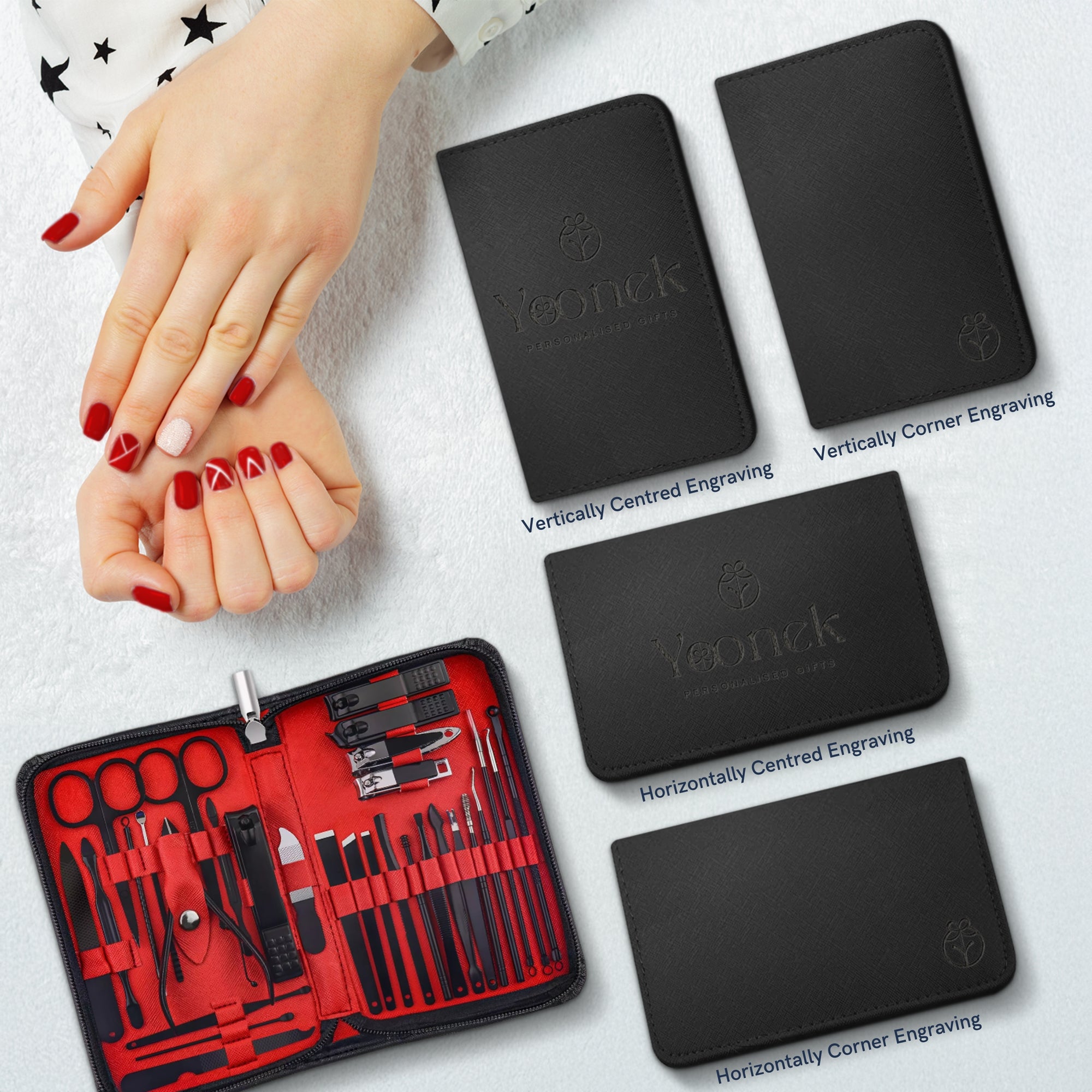 Personalised Black Leatherette Unisex Travel Manicure & Pedicure Kit, Custom Engraved Portable Nail Grooming 26 Pieces Set Bag, Personal Tools Storage Case, Wedding Favour, Groomsman Bridesmaid Gift