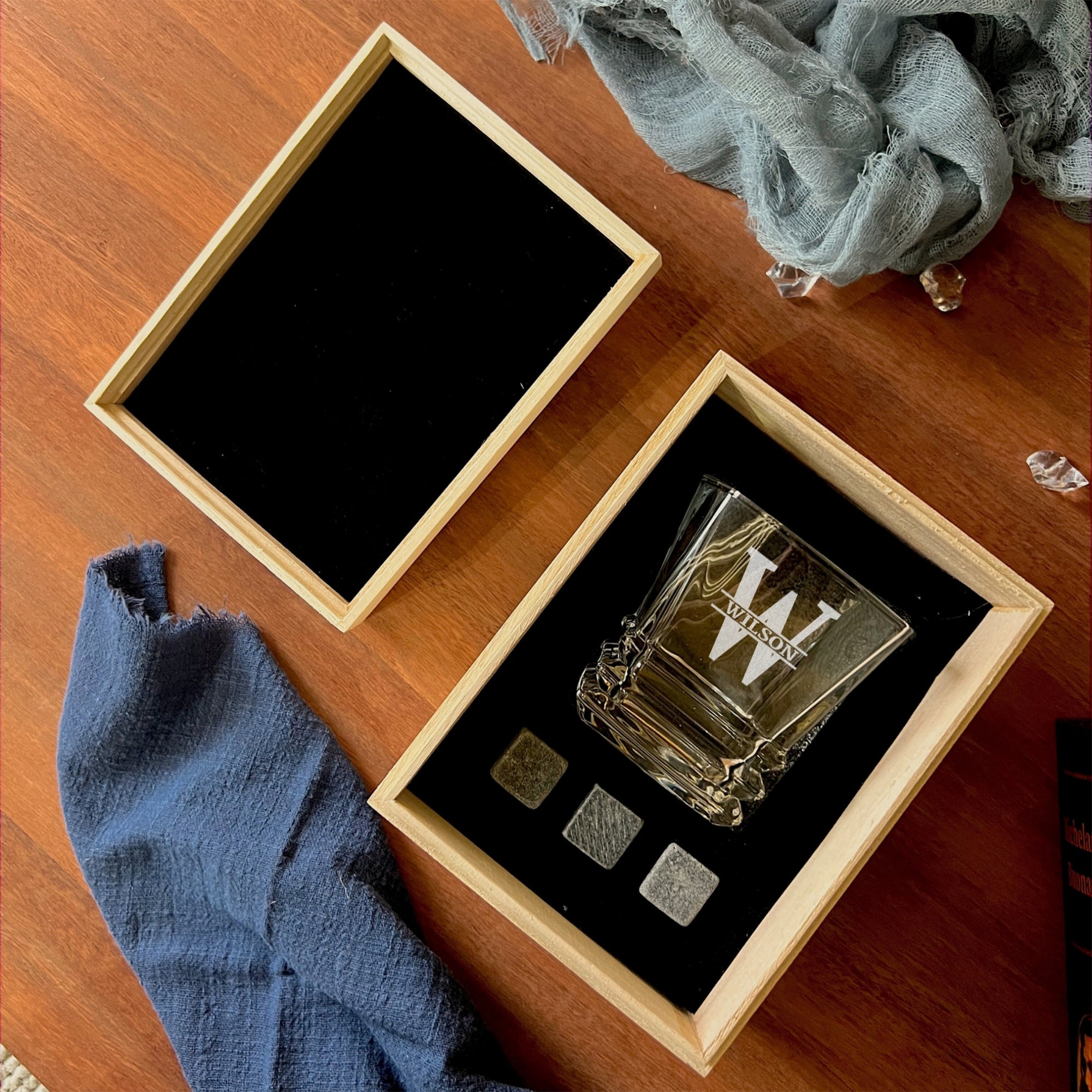 Personalised Wooden Whiskey Gift Box, Prism Bold Cut Glass, Ice Stones, Coaster, Custom Engraved Barware Set, Groomsman, Dad, Corporate Gift