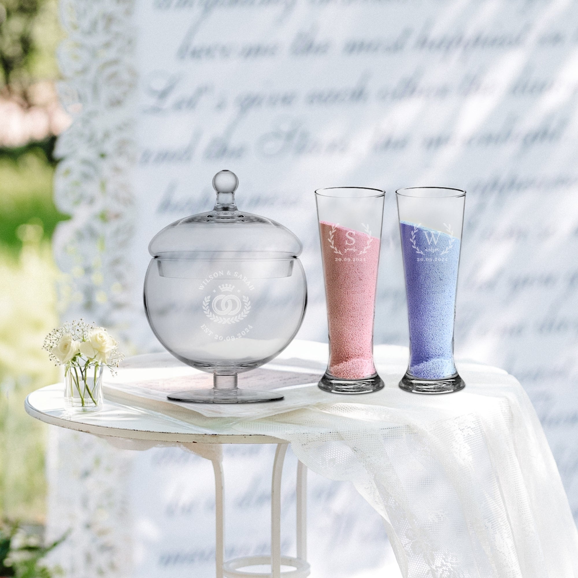 Personalised Sand Unity Wedding Ceremony, Jar & Glass Vases Set, Custom Engraved Couple Names Union Keepsake, Anniversary, Engagement Decor