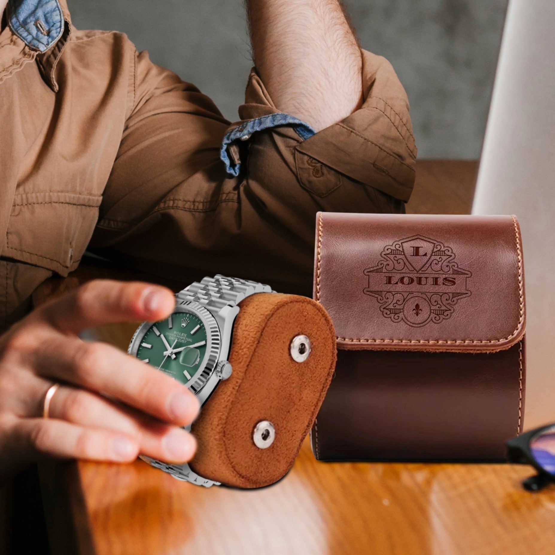 Personalised Tan Leatherette Watch Case Box, Custom Engraved Travel Watches Roll Slot Display Storage, Groomsman Dad Mom Birthday Xmas Gift