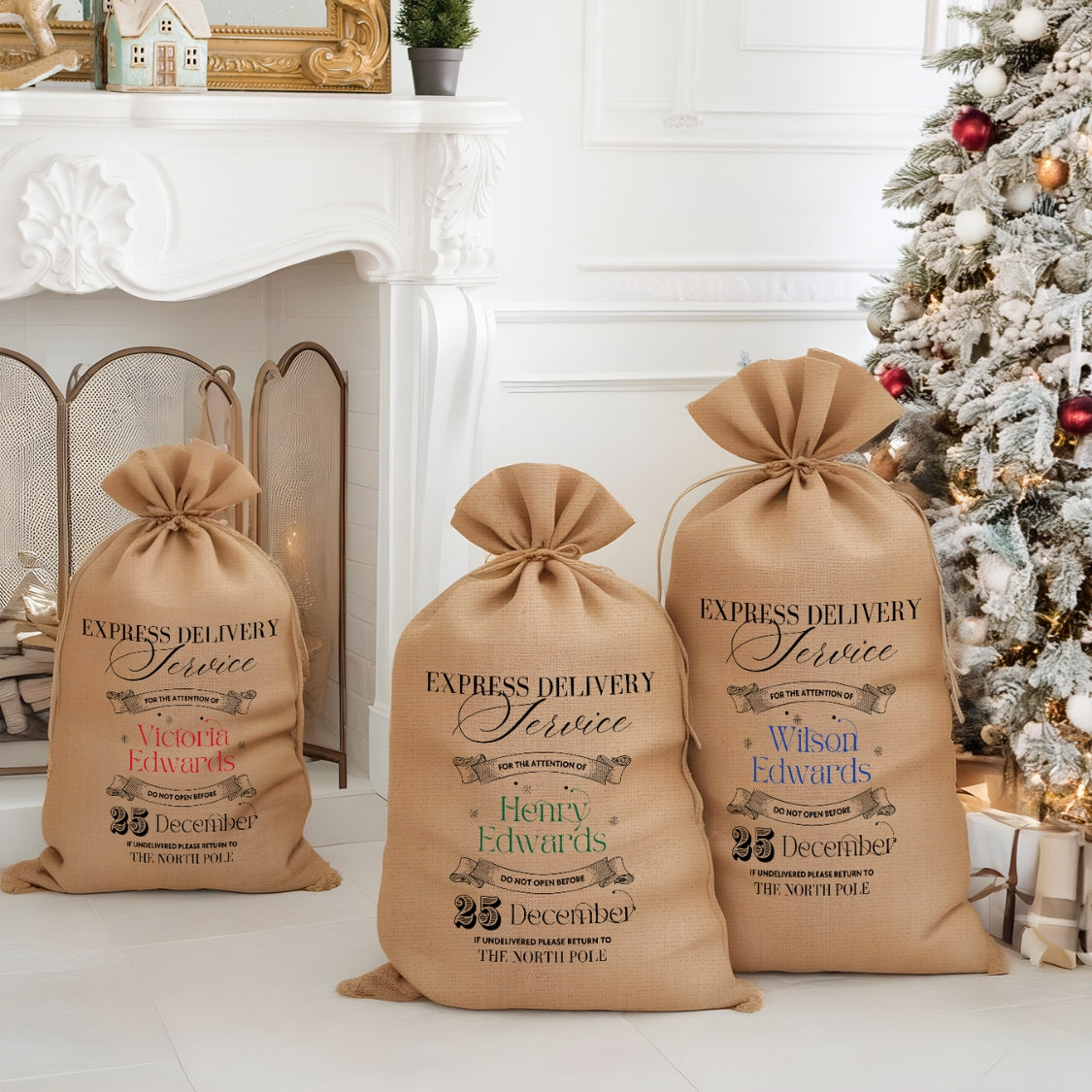 Personalised Christmas Kid & Family Traditional Sack, Customised Express Delivery Service Jute Bag, Reusable Linen Gift Storage, Xmas Decor
