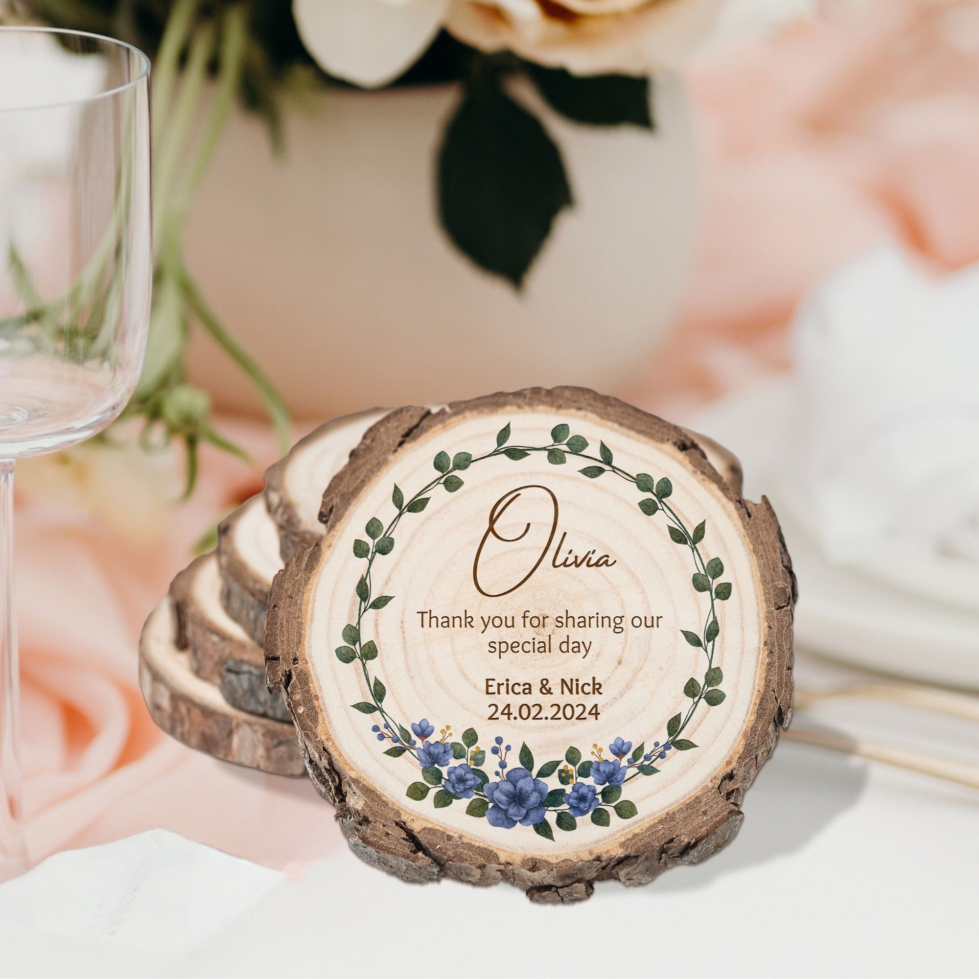 Custom UV Print Photo Wedding Wood Slice Coaster, Personalised Logo Thank You Place Card, Rustic Drink Mat Bridesmaid Favour Hens Party Gift