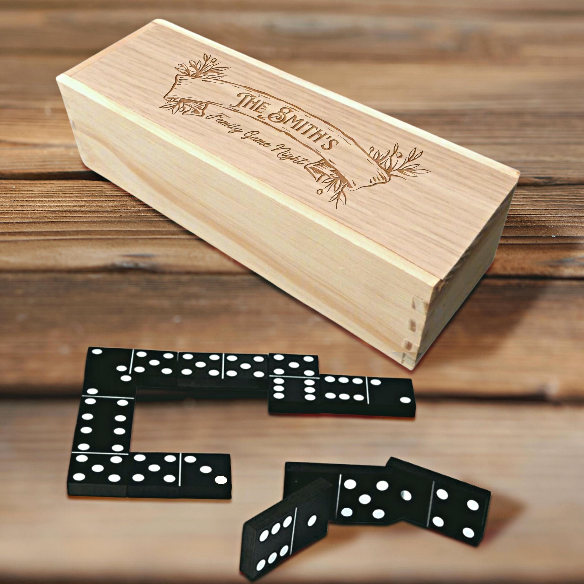 Personalised Wooden Domino Box, Engraved Tile Game, Family Party Interactive Dice Board Games, Custom Timber Children Dominoes, Kid Birthday, Father's Day Gift Set