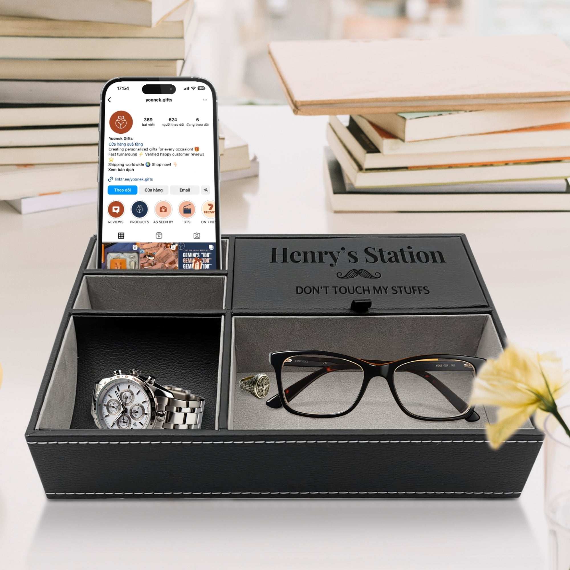 Personalised Leatherette Valet Catch All Tray, Custom Engraved Night Stand Organiser Station, Jewellery Storage, Desk Caddy, Father Mom Gift