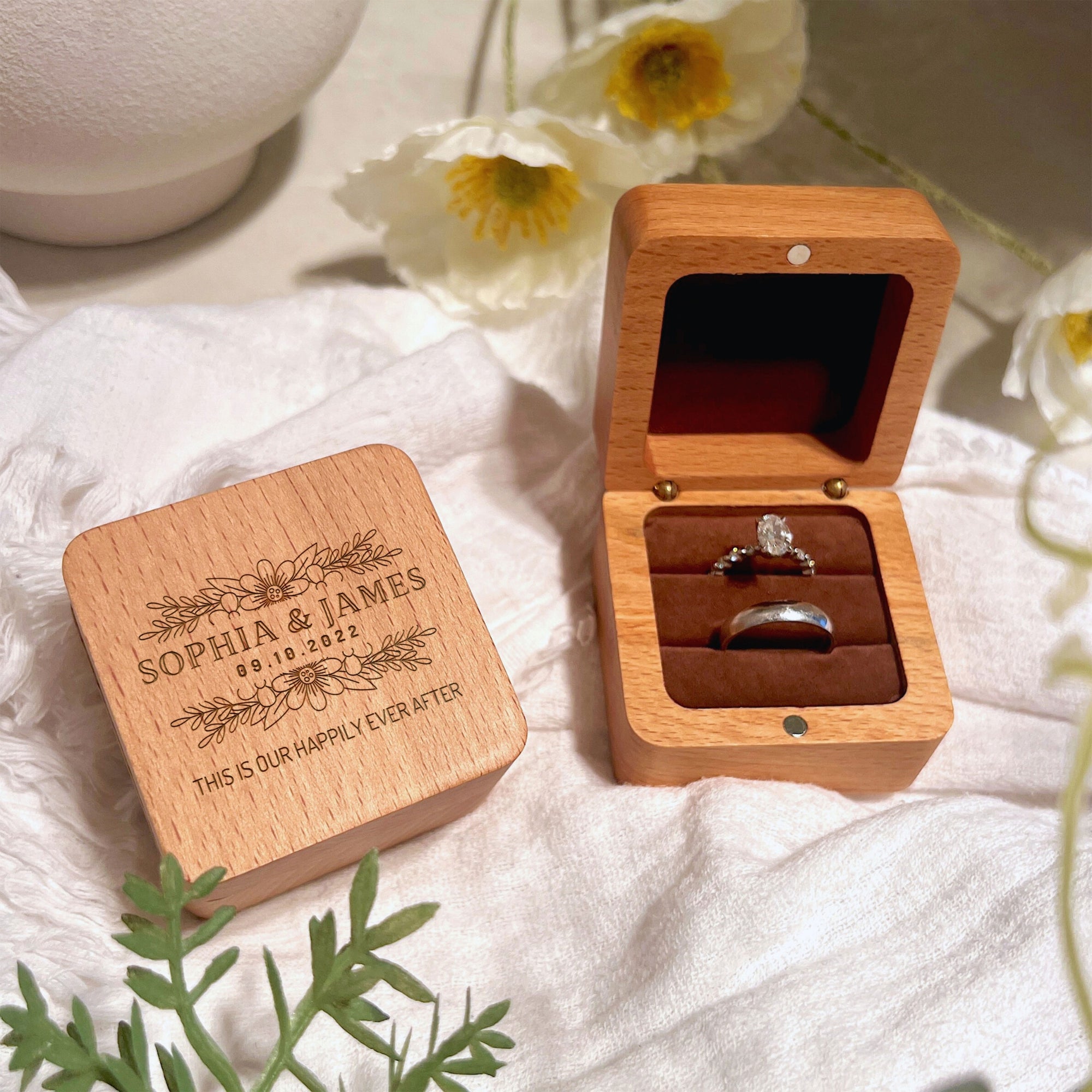 Personalised Wedding Double Slot Square Wood Ring Box, Custom Engraved Engagement Proposal Rings Bearer Oak Holder Storage, Anniversary Gift