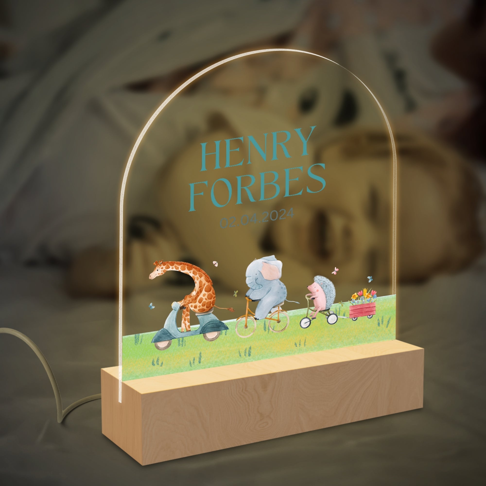 Personalised 3D Kid LED Night Light, Custom Waterpaint Cartoon Animal & Name Wood Acrylic Print Table Lamp, First Birthday, Nursery Kid Gift