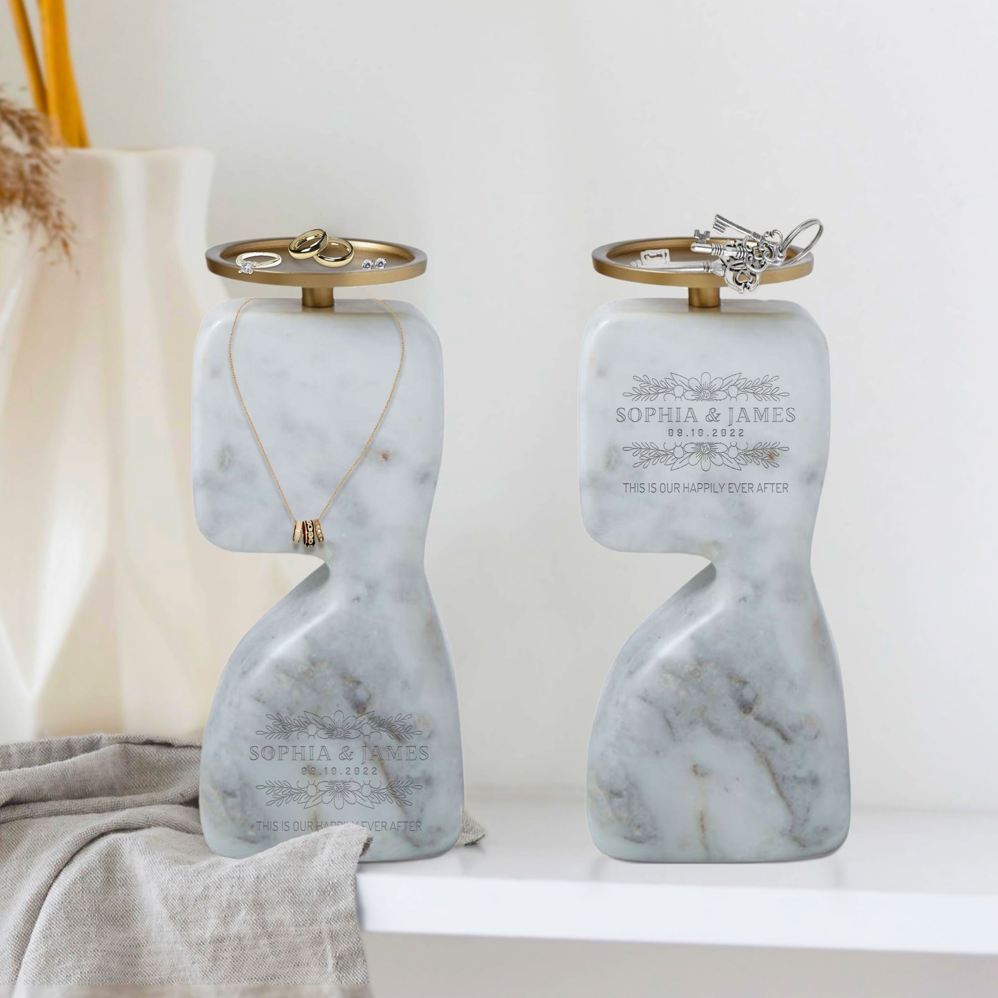 Personalised Marble & Brass Candle Holder, Custom Engraved  Metallic Paint Silhouette Abstract Jewellery Accessories Tray, Housewarming Gift