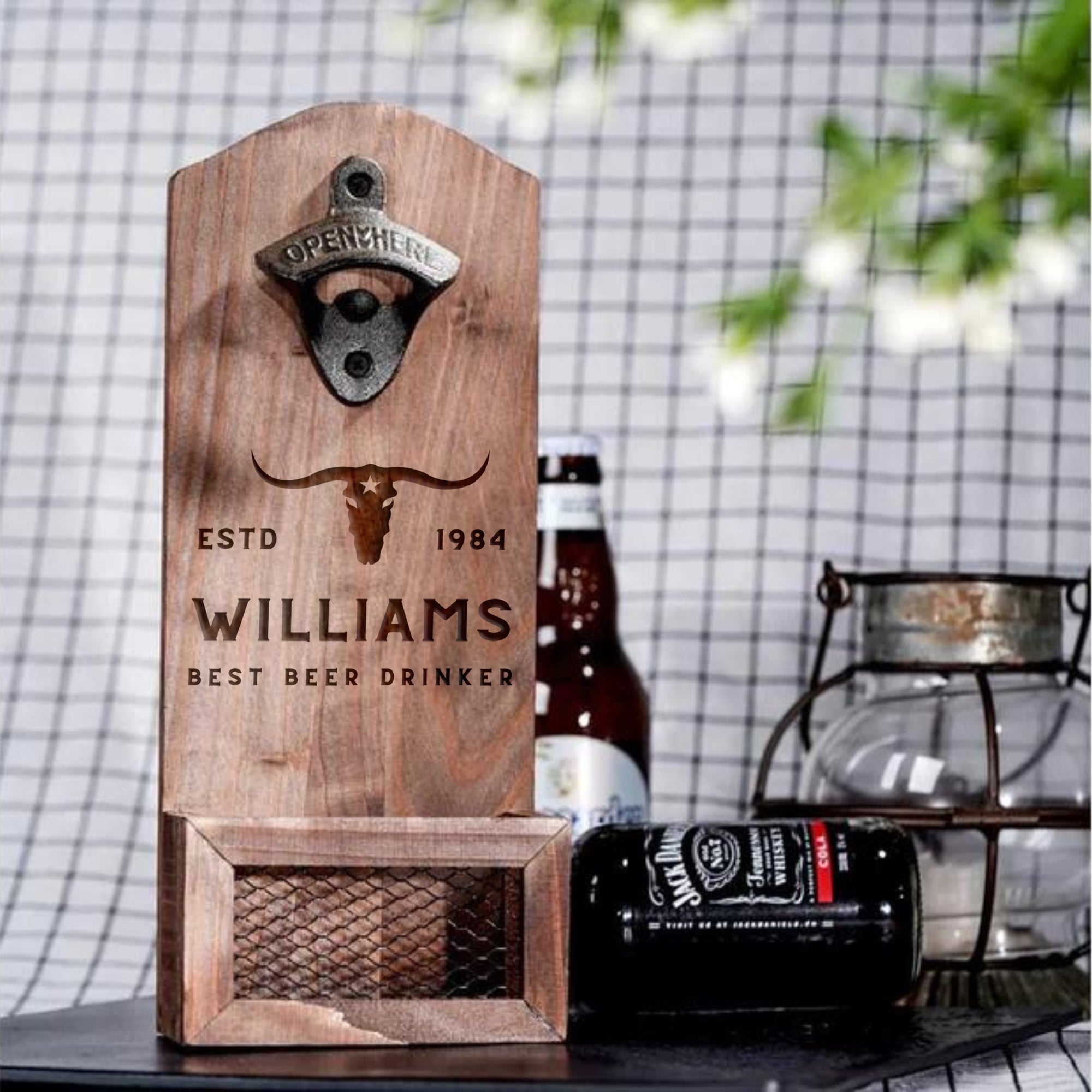 Custom Engraved Wooden Beer Bottle Opener & Cap Catcher/ Collector, Personalised Name Logo, Father's Day, Christmas, Groomsmen Gift for Him