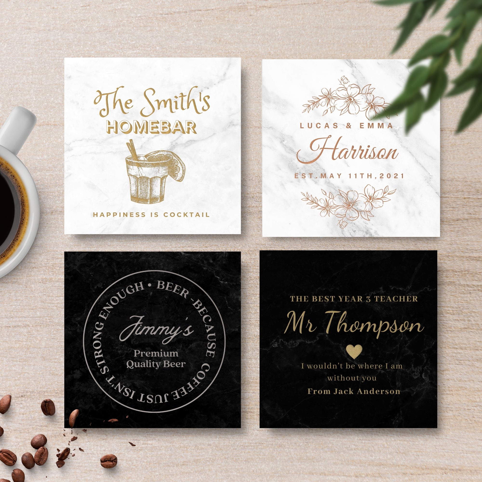 Engraved Metallic Paint Marble Coaster, Personalised Drink Mat, Wedding Favour/ Anniversary / Housewarming/ Birthday/Teacher/ Corporate Gift