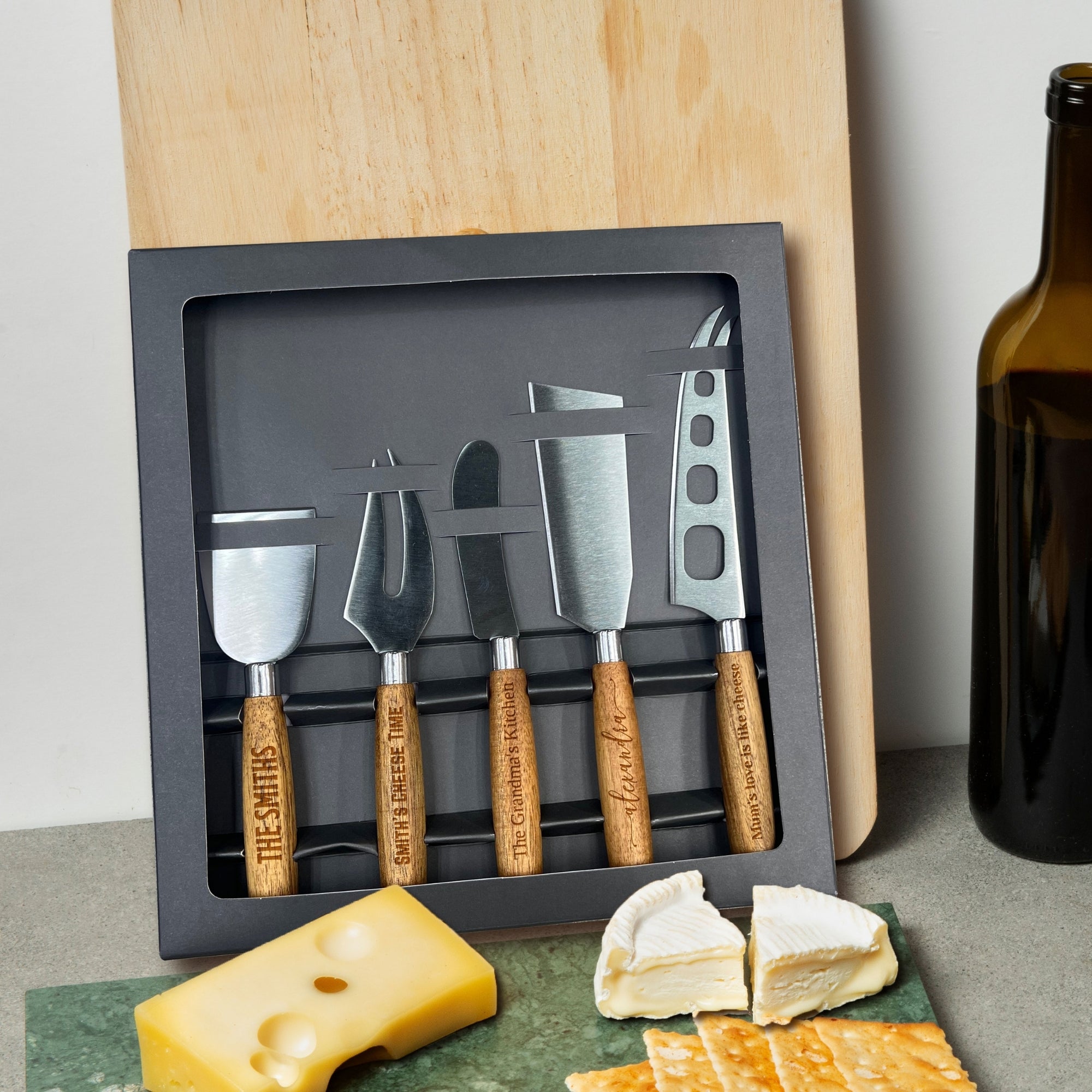 Personalised Fines Food Wooden Cheese Knife Set 5 Pieces, Custom Engraved Serving Charcuterie Spreader, Birthday Corporate Housewarming Gift