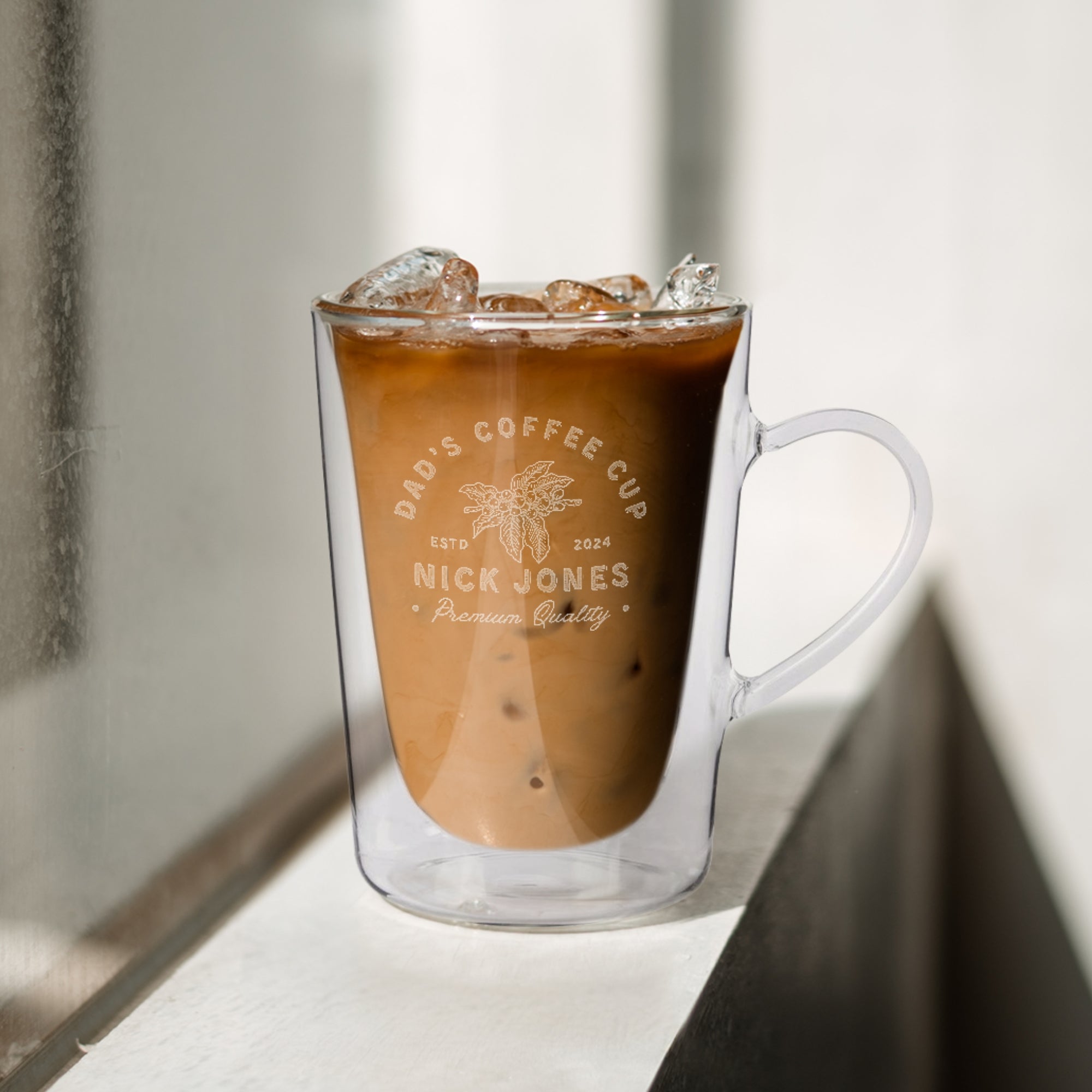 Personalised Double Wall Insulated Glass Coffee Mug, Custom Engraved Tea Cup Wedding Favours, Mom Dad Birthday Christmas Logo Corporate Gift