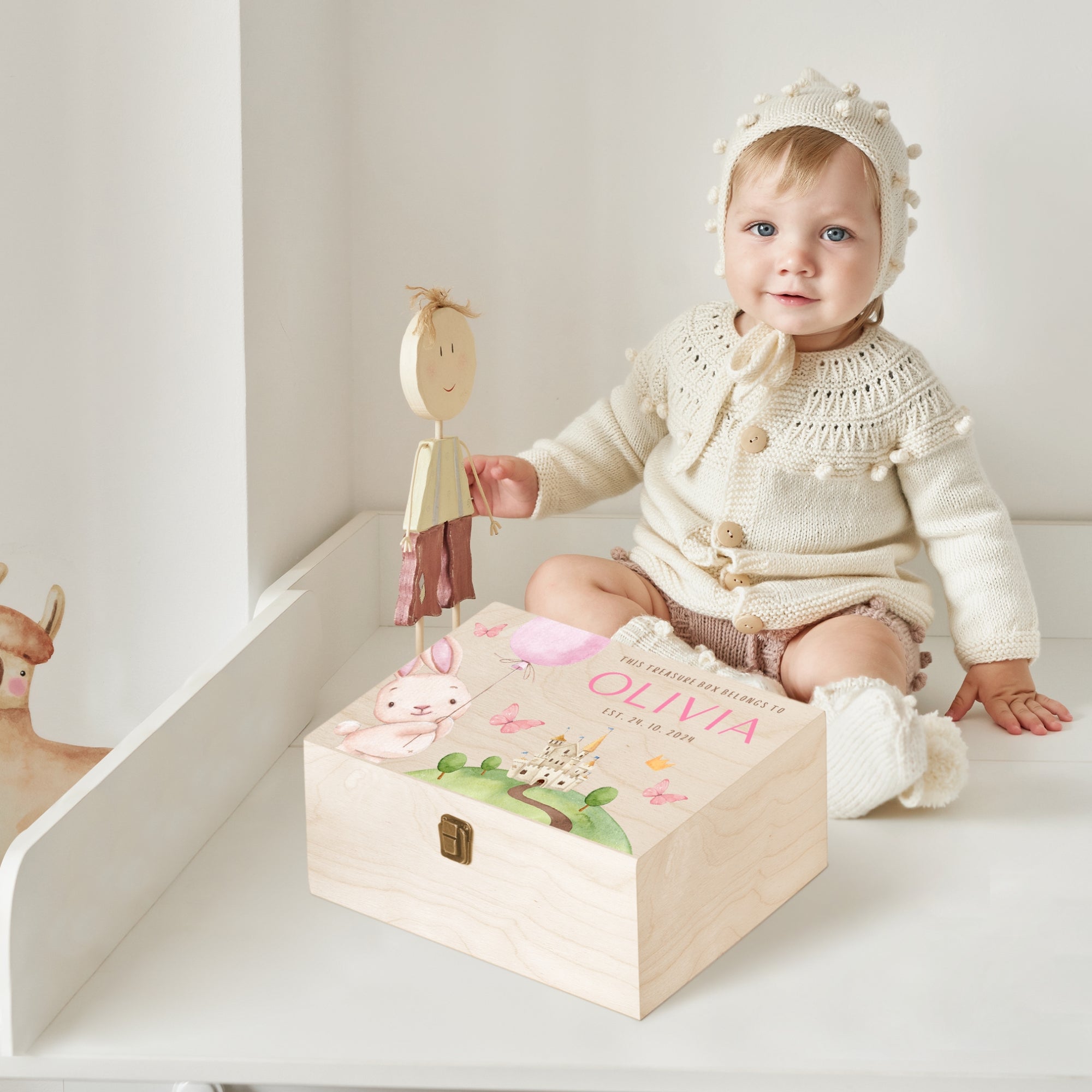 Personalised New Born Baby Wooden Keepsake Box, Custom UV Print Cartoon Water Paint Memory Boxes Treasure Storage First Birthday Shower Gift